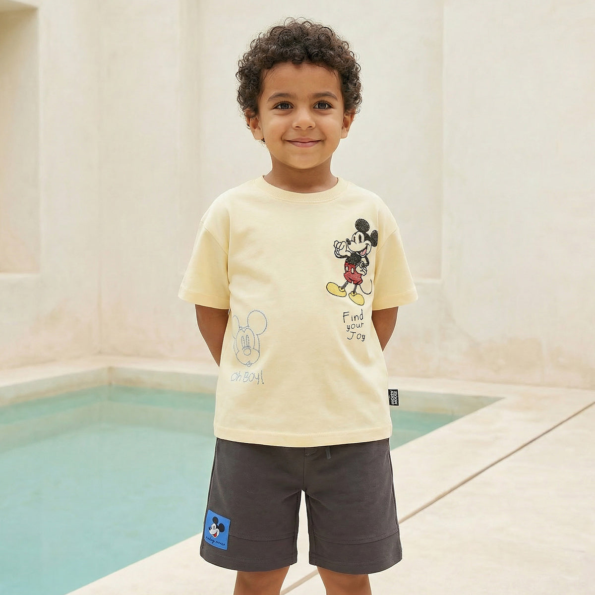 Disney Crew Neck Short Sleeve T-shirt and Shorts Set with Mickey Mouse Embroidery