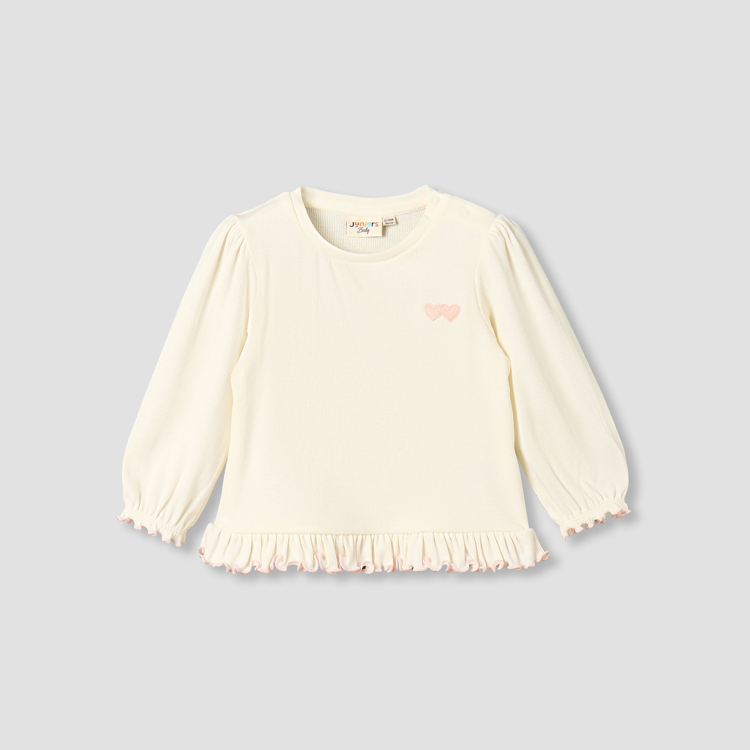 Juniors Crew Neck Long Sleeves T-shirt with Heart Applique - Cream / 12-18 mths
