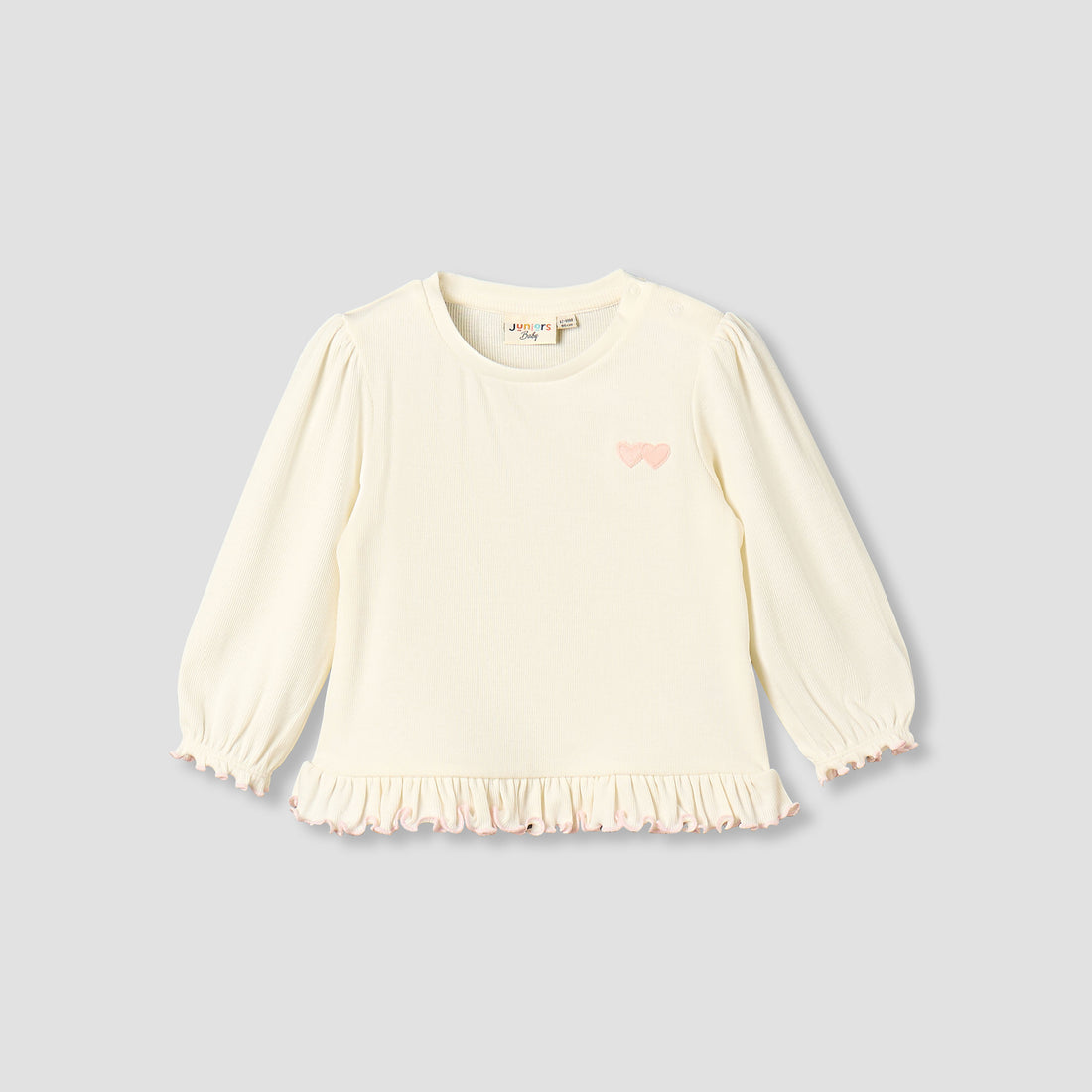 Juniors Crew Neck Long Sleeves T-shirt with Heart Applique - Cream / 12-18 mths