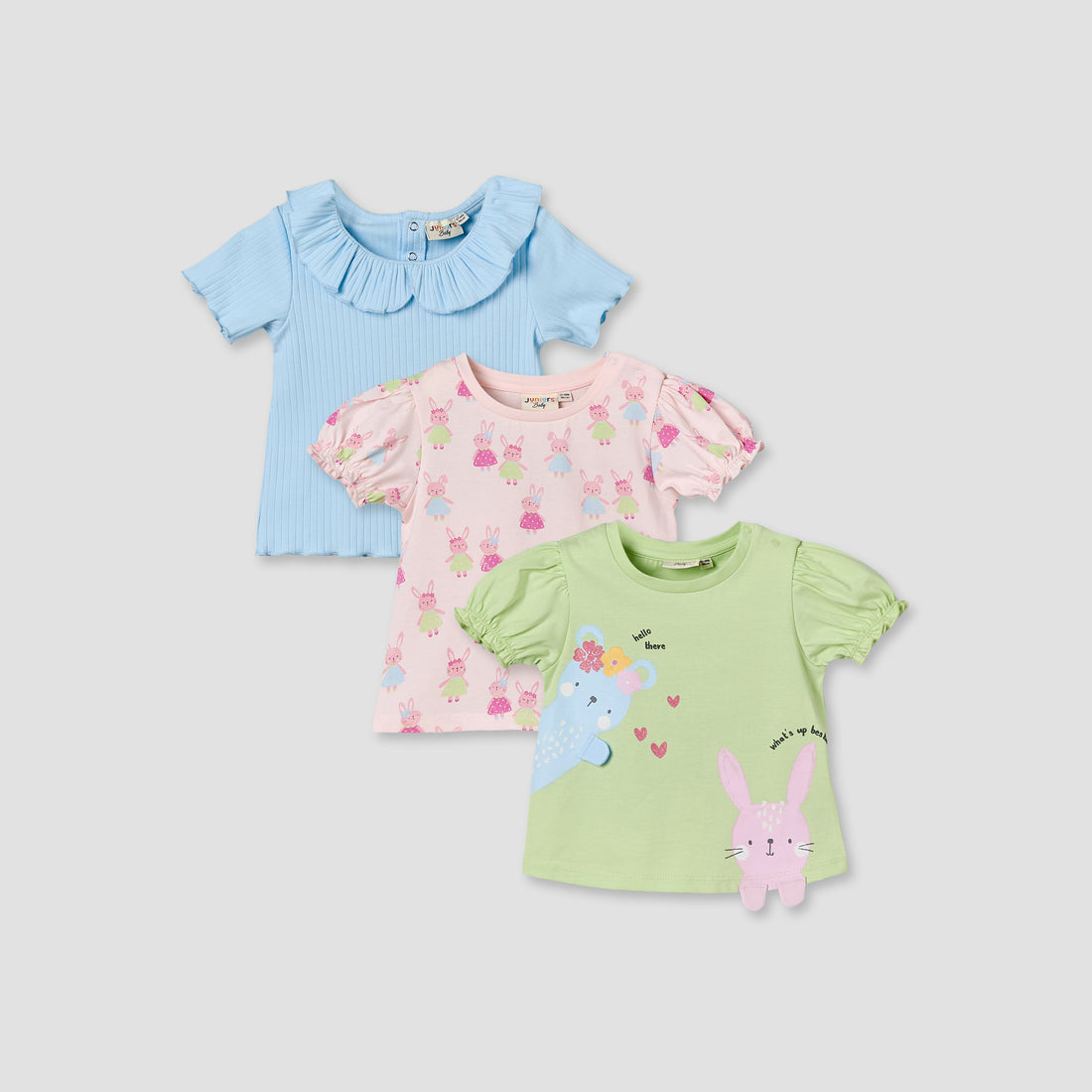 Pack of 3 Juniors Crew Neck Short Sleeves T-shirt with Bunny Print - Multicolour / 12-18 mths