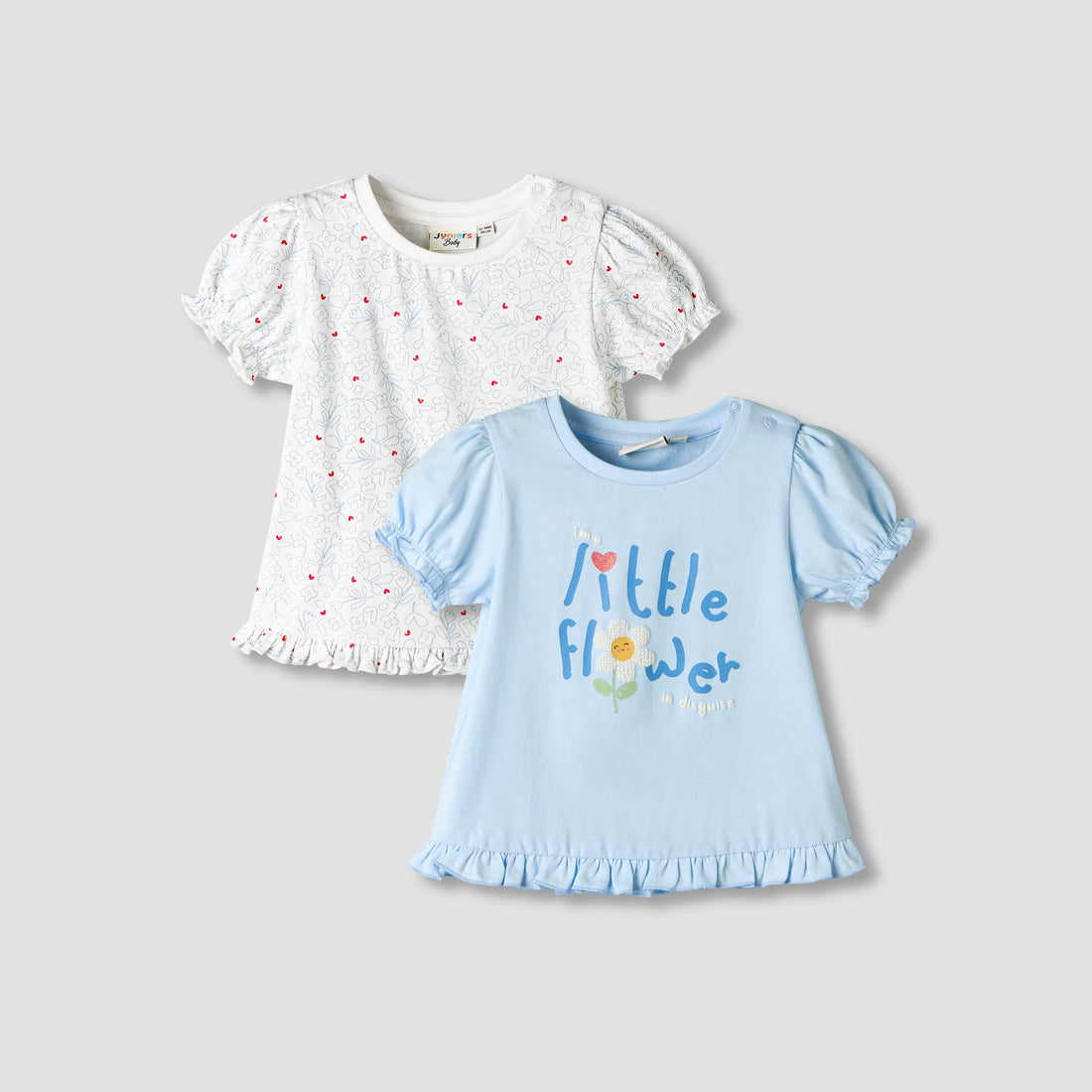 Pack of 2 Juniors Round Neck Short Sleeves T-shirt with Ruffled Hem - Multicolour / 12-18 mths