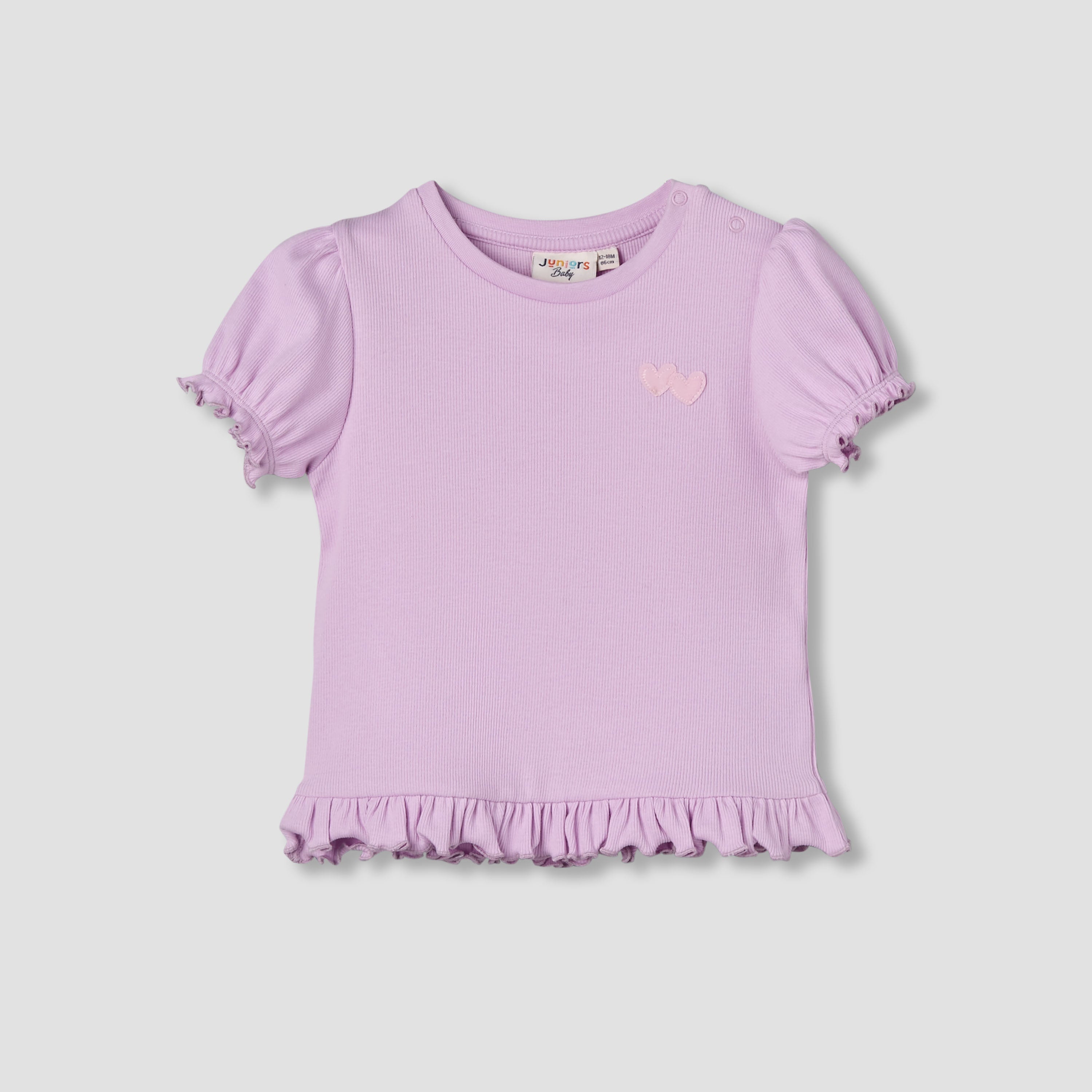 Juniors Crew Neck Short Puff Sleeves T-shirt with Ribbed Texture - Purple / 12-18 mths