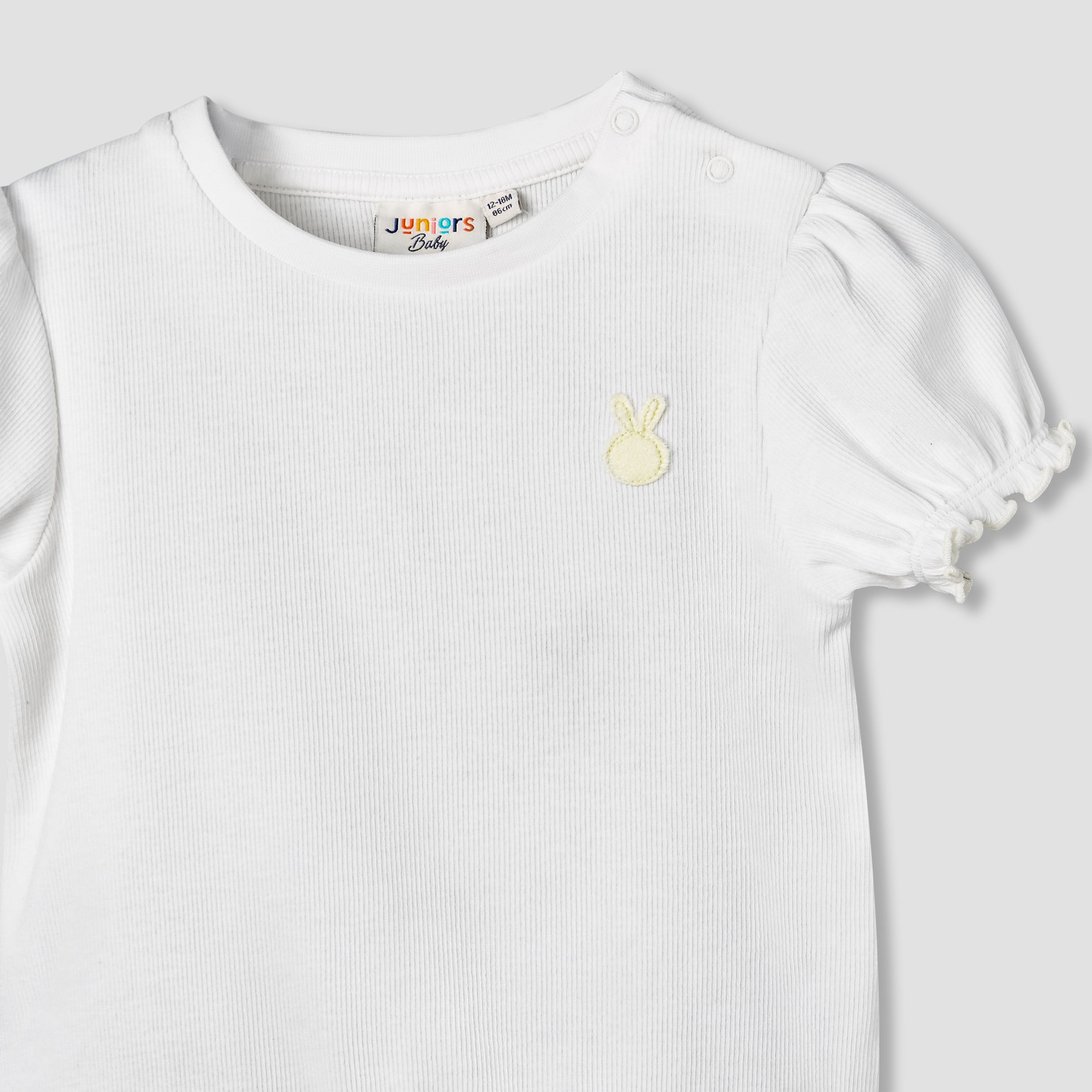 Juniors Crew Neck Short Puff Sleeves T-shirt with Ribbed Texture