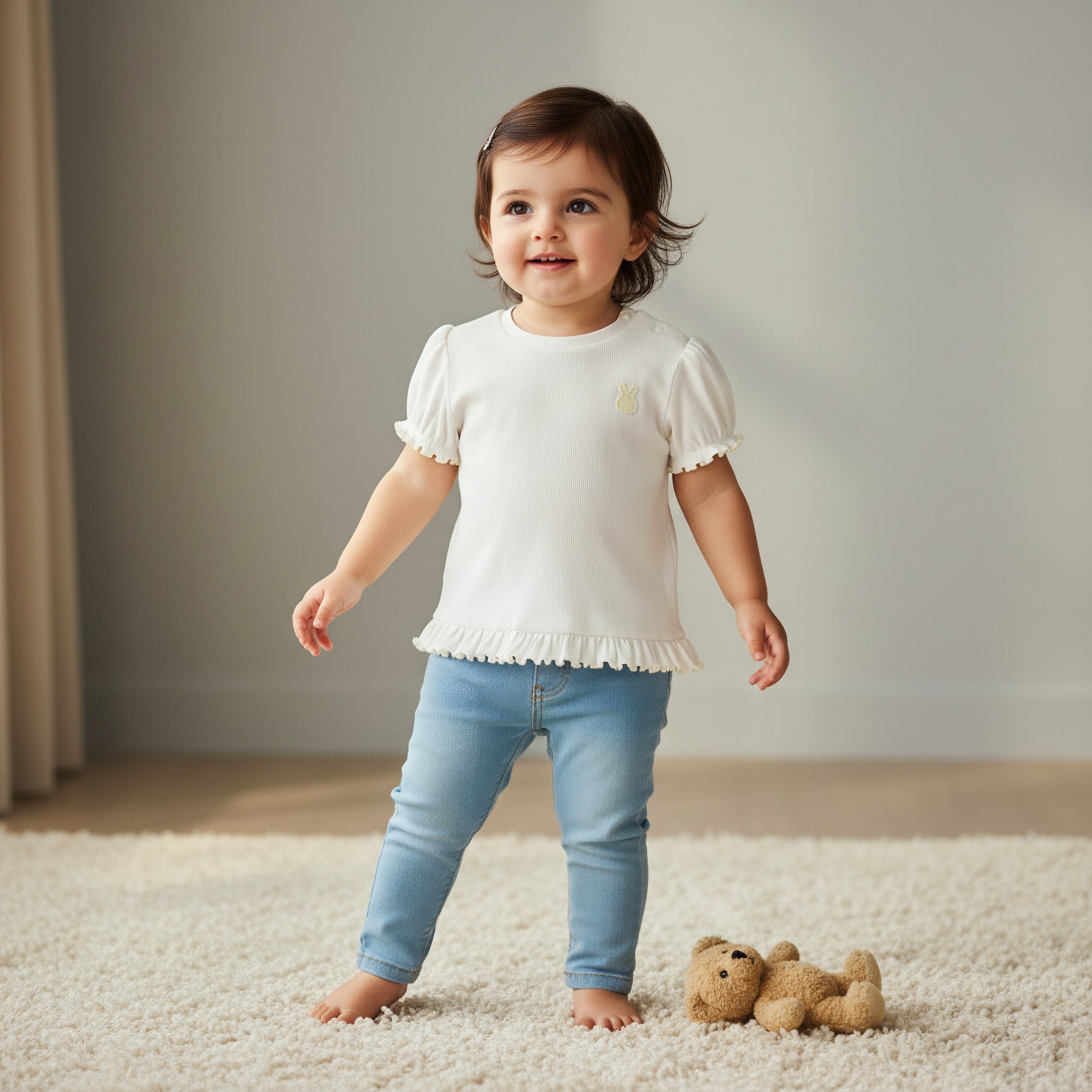 Juniors Crew Neck Short Puff Sleeves T-shirt with Ribbed Texture