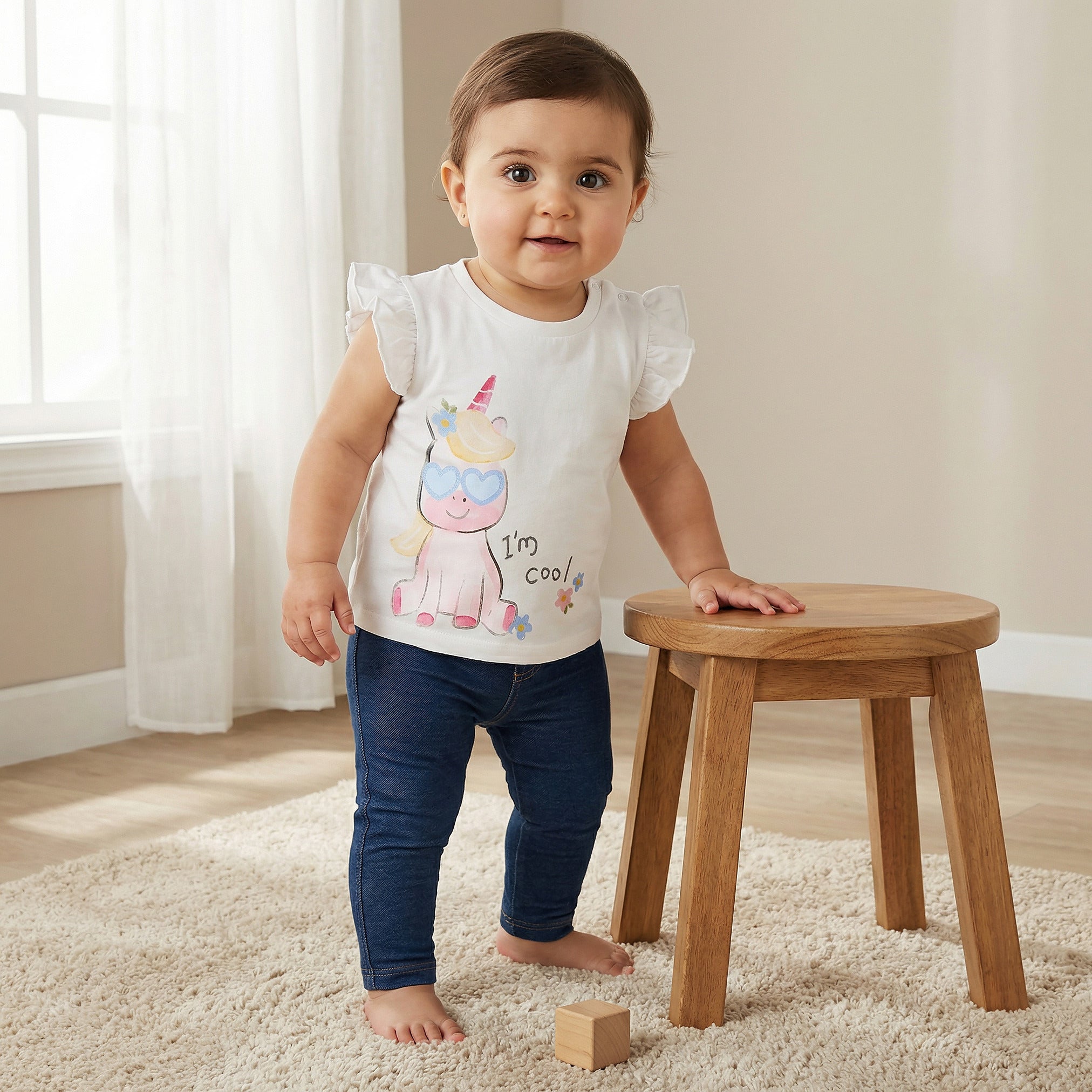 Juniors Round Neck Sleeveless T-shirt with Unicorn Print