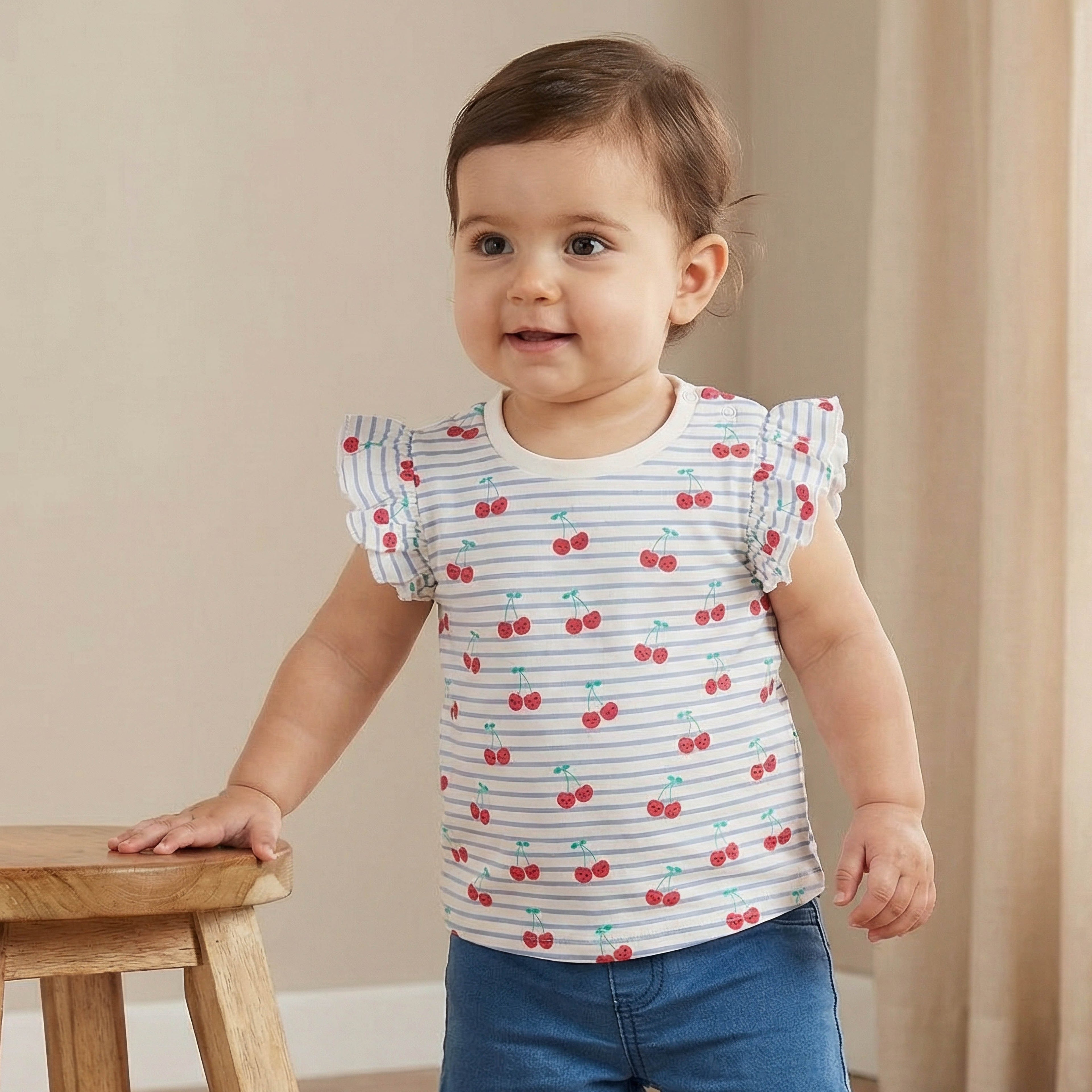 Juniors Crew Neck Sleeveless T-shirt with Cherry Print