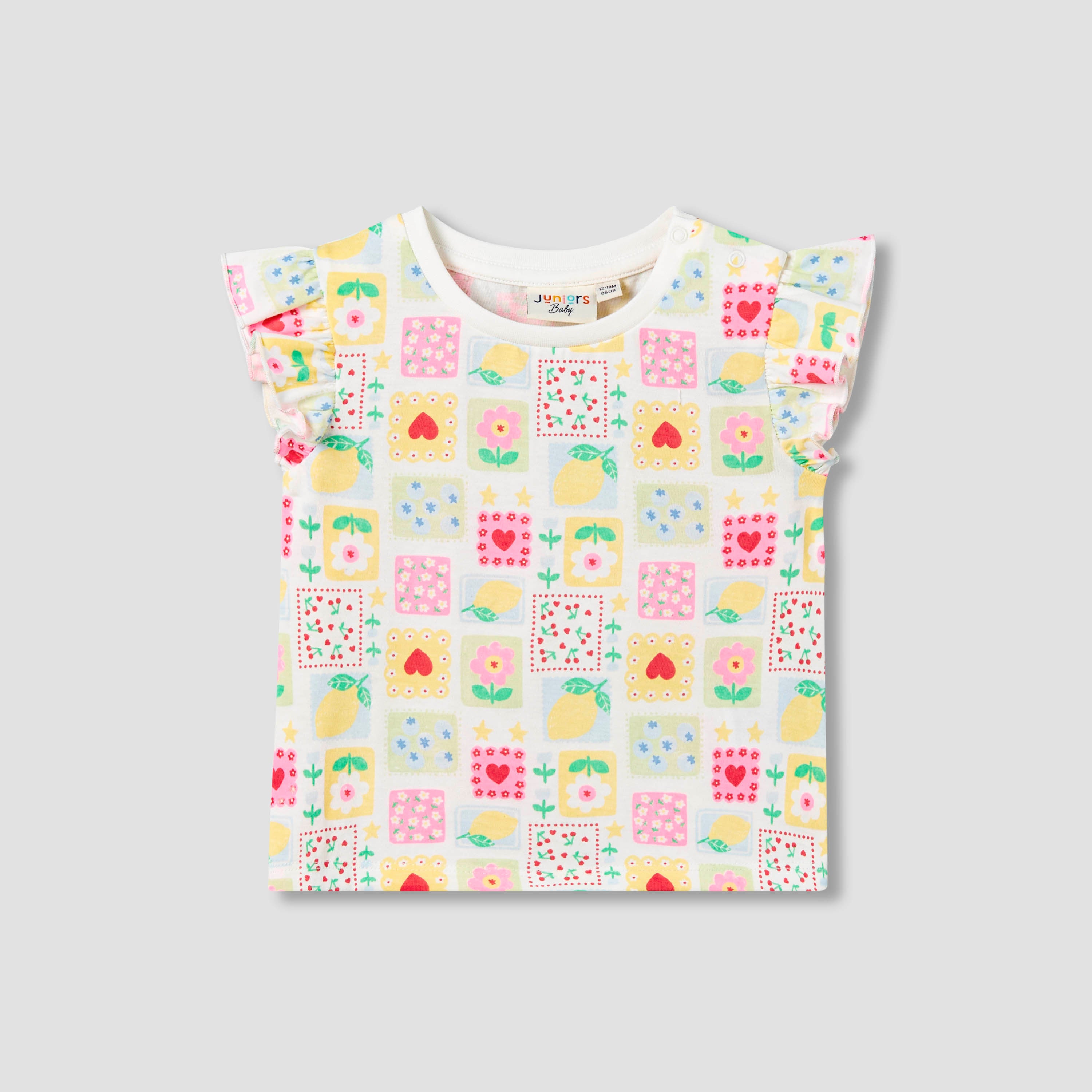Juniors Crew Neck Short Sleeves T-shirt with Tile Print - White / 12-18 mths
