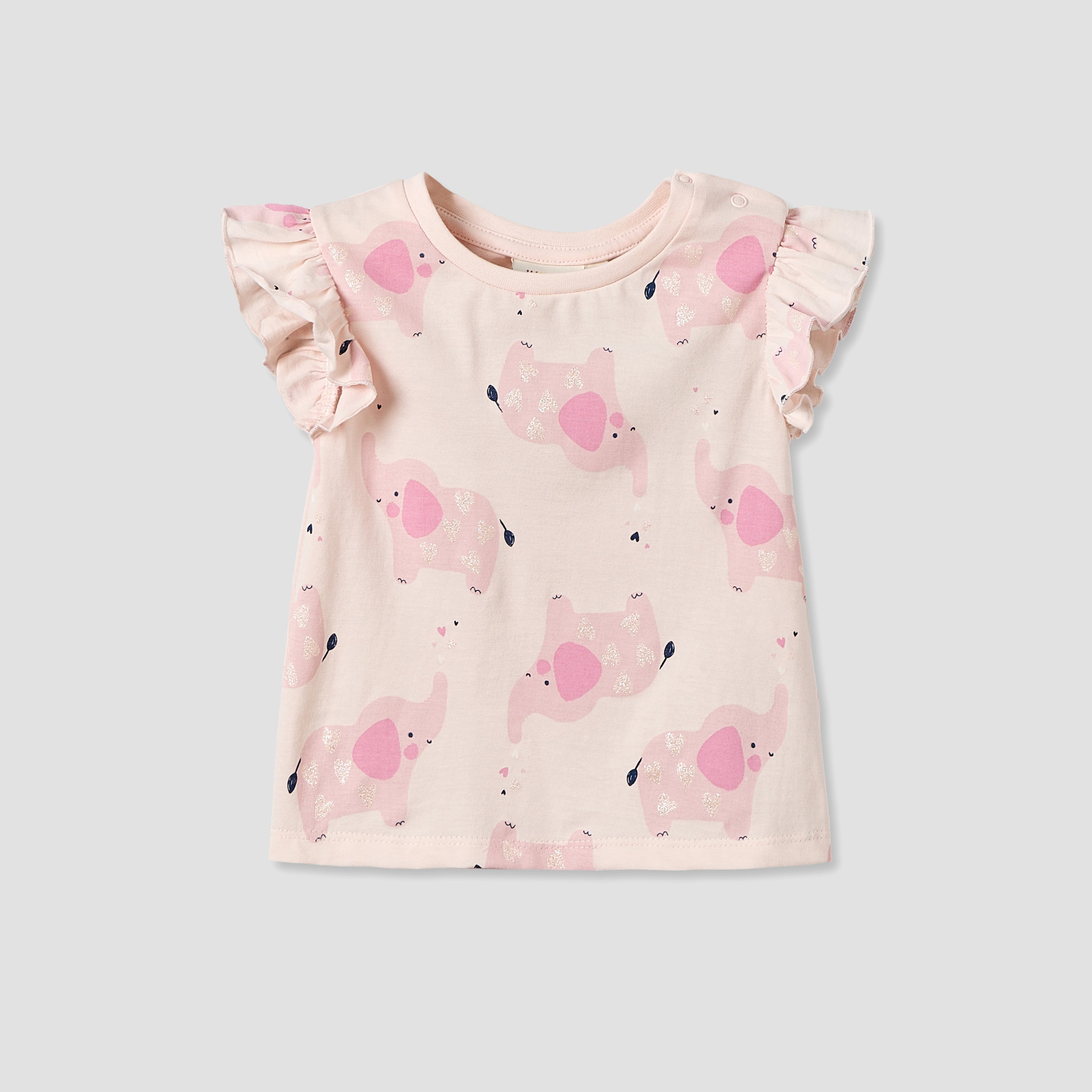Juniors Round Neck Short Sleeves T-shirt with Elephant Print - White / 12-18 mths