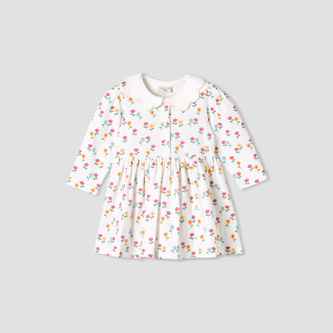Juniors Scallop Round Neck Long Sleeves Dress with Floral Print