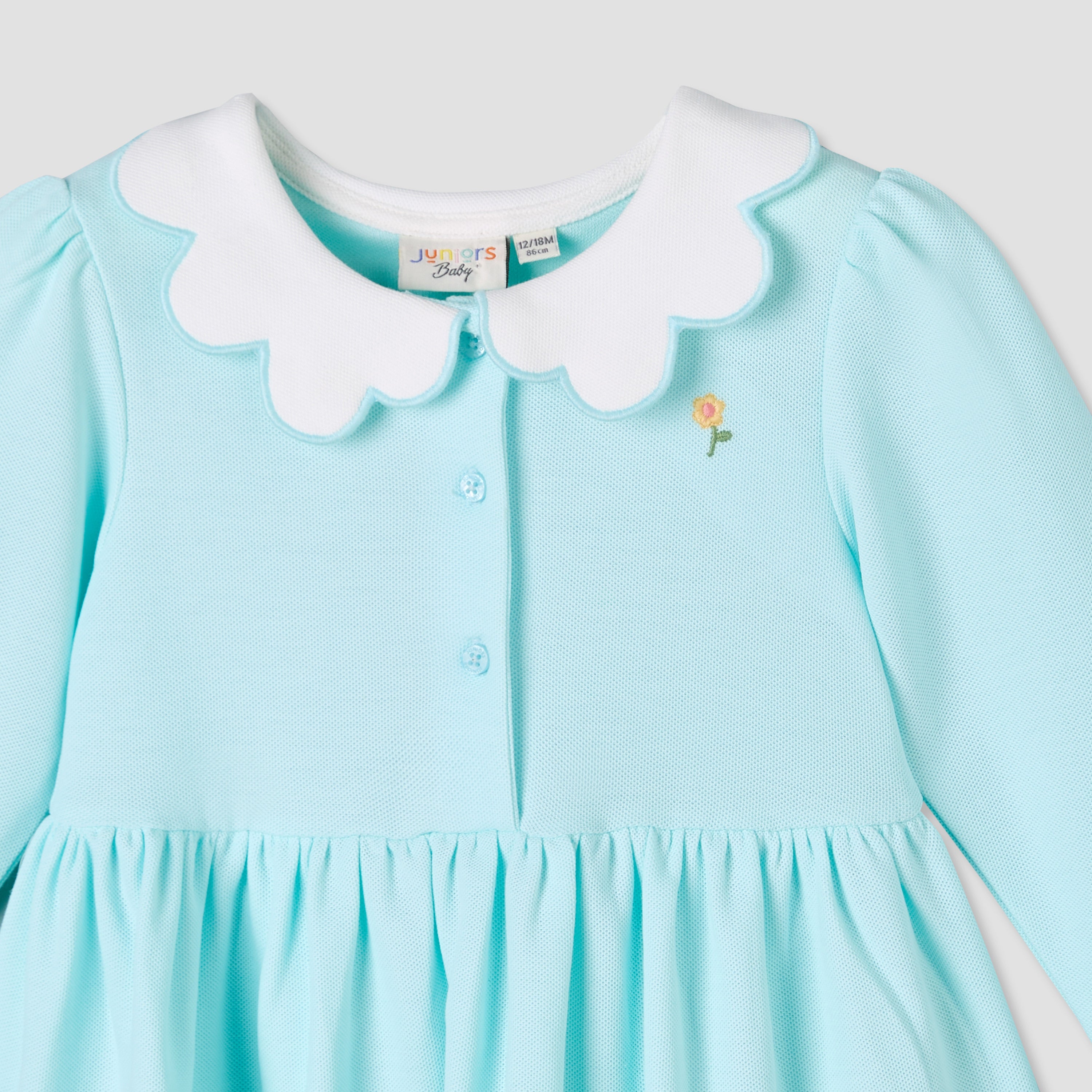 Juniors Scallop Neck Long Sleeves A-line Dress with Floral Embroidery