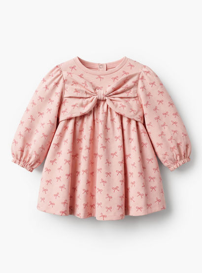 Juniors Round Neck Long Sleeves A-line Dress with Bow Print-baby-girls-clothing-dressesandjumpsuits-image-2