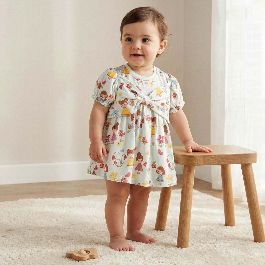 Juniors Round Neck Short Sleeves Dress with Print and Bow Detail - Green / 12-18 mths