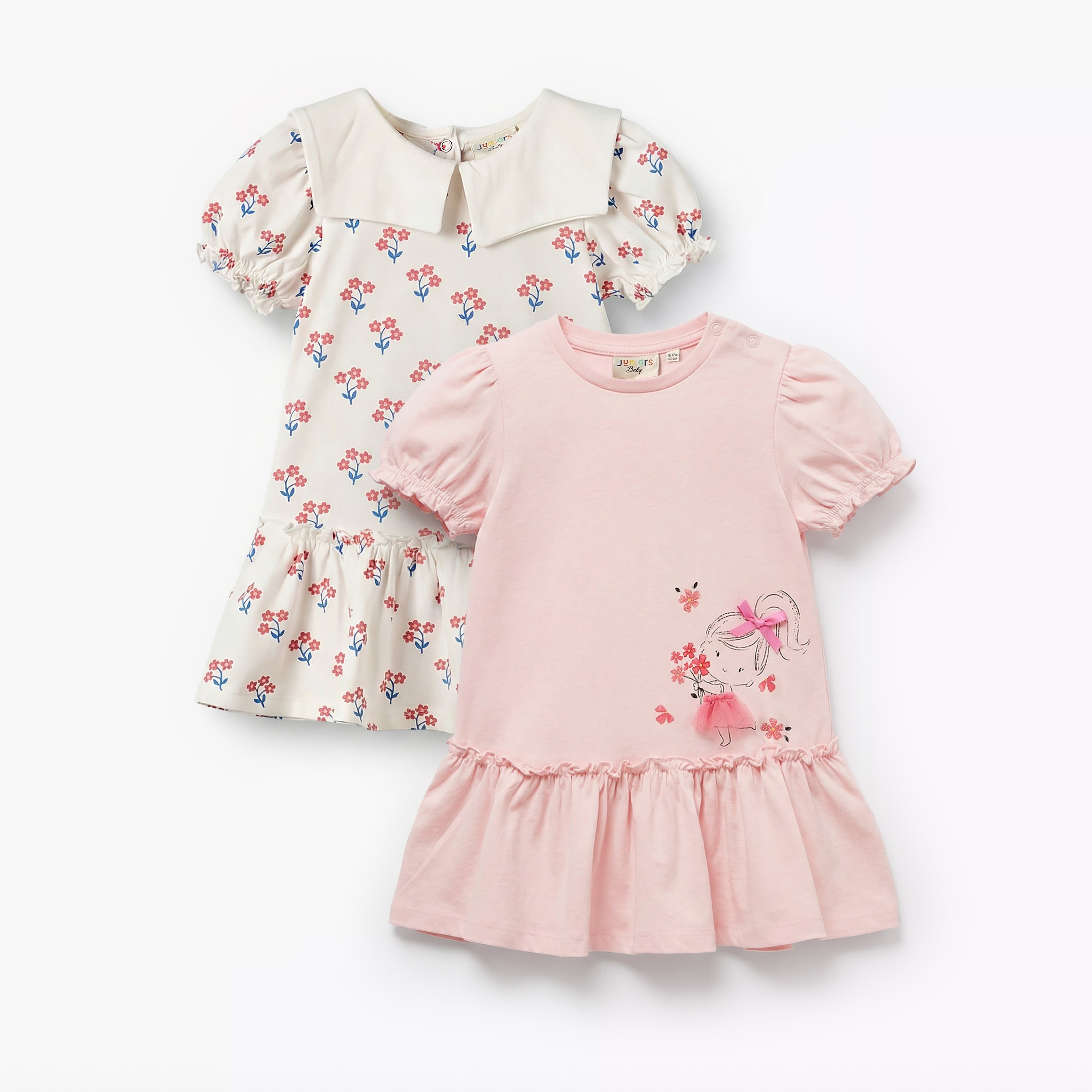 Pack of 2 Juniors Short Sleeves Drop Waist Dress with Print - Multicolour / 24-36 mths