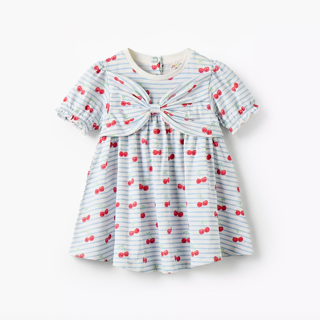 Juniors Round Neck Short Sleeves A-line Dress with Cherry Print