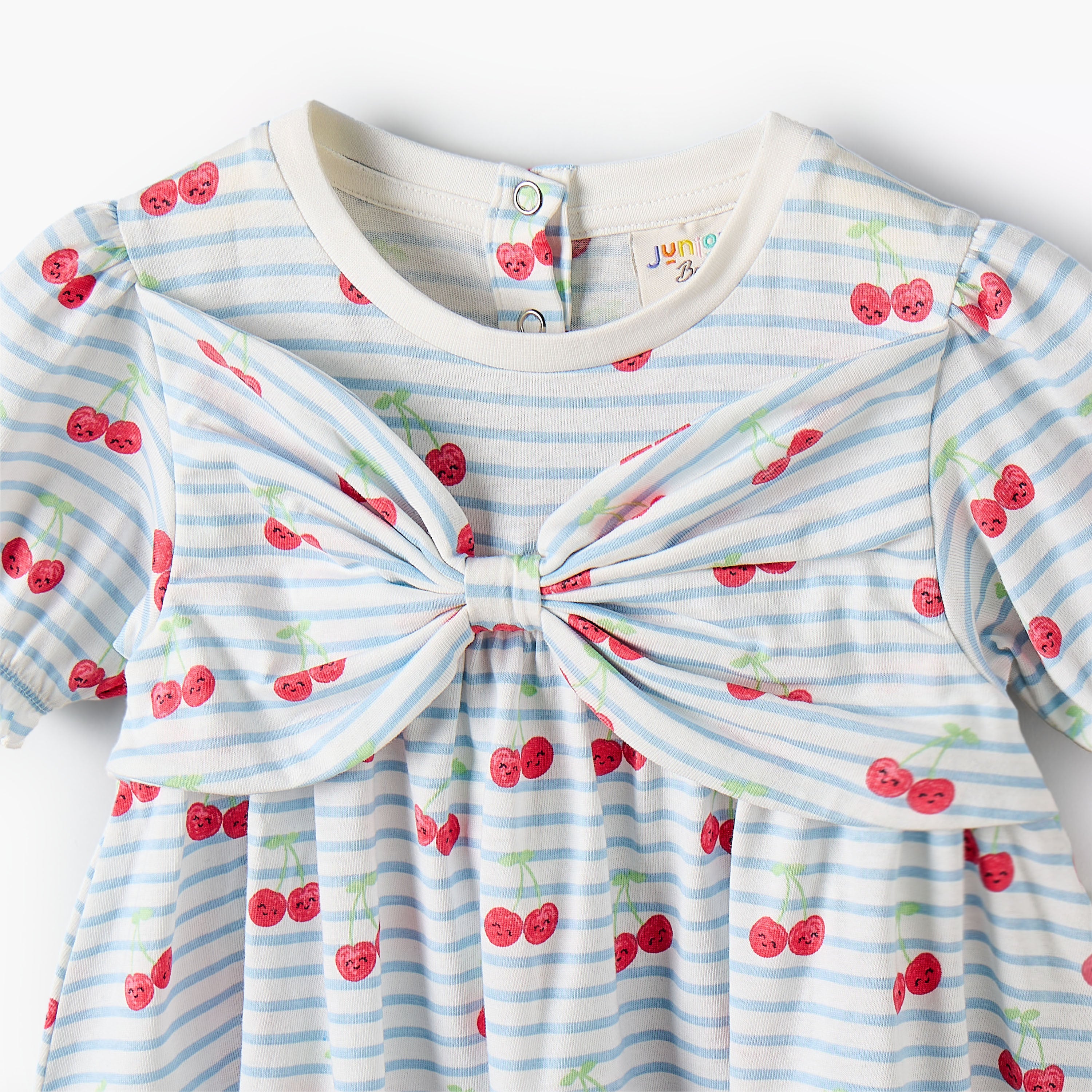 Juniors Round Neck Short Sleeves A-line Dress with Cherry Print