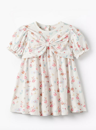 Juniors Round Neck Short Sleeves A-line Dress with Bunny Print-baby-girls-clothing-dressesandjumpsuits-image-2
