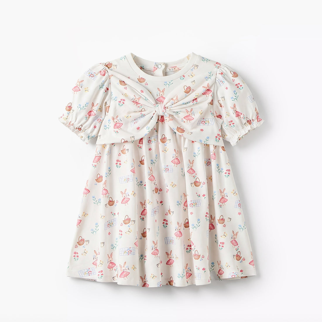 Juniors Round Neck Short Sleeves A-line Dress with Bunny Print - White / 12-18 mths