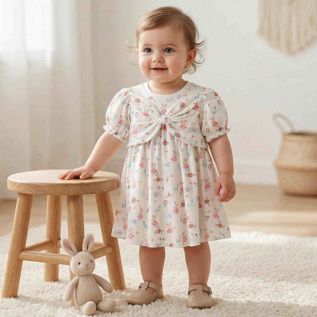 Juniors Round Neck Short Sleeves A-line Dress with Bunny Print - White / 18-24 mths