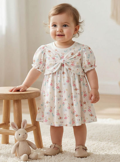 Juniors Round Neck Short Sleeves A-line Dress with Bunny Print-baby-girls-clothing-dressesandjumpsuits-image-1