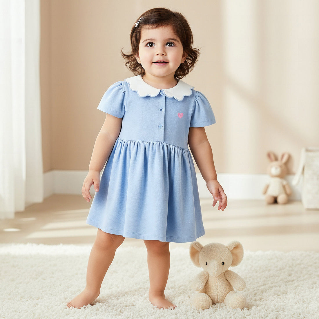 Juniors Scallop Collar Short Sleeves A-line Dress with Heart Embroidery - Blue / 18-24 mths