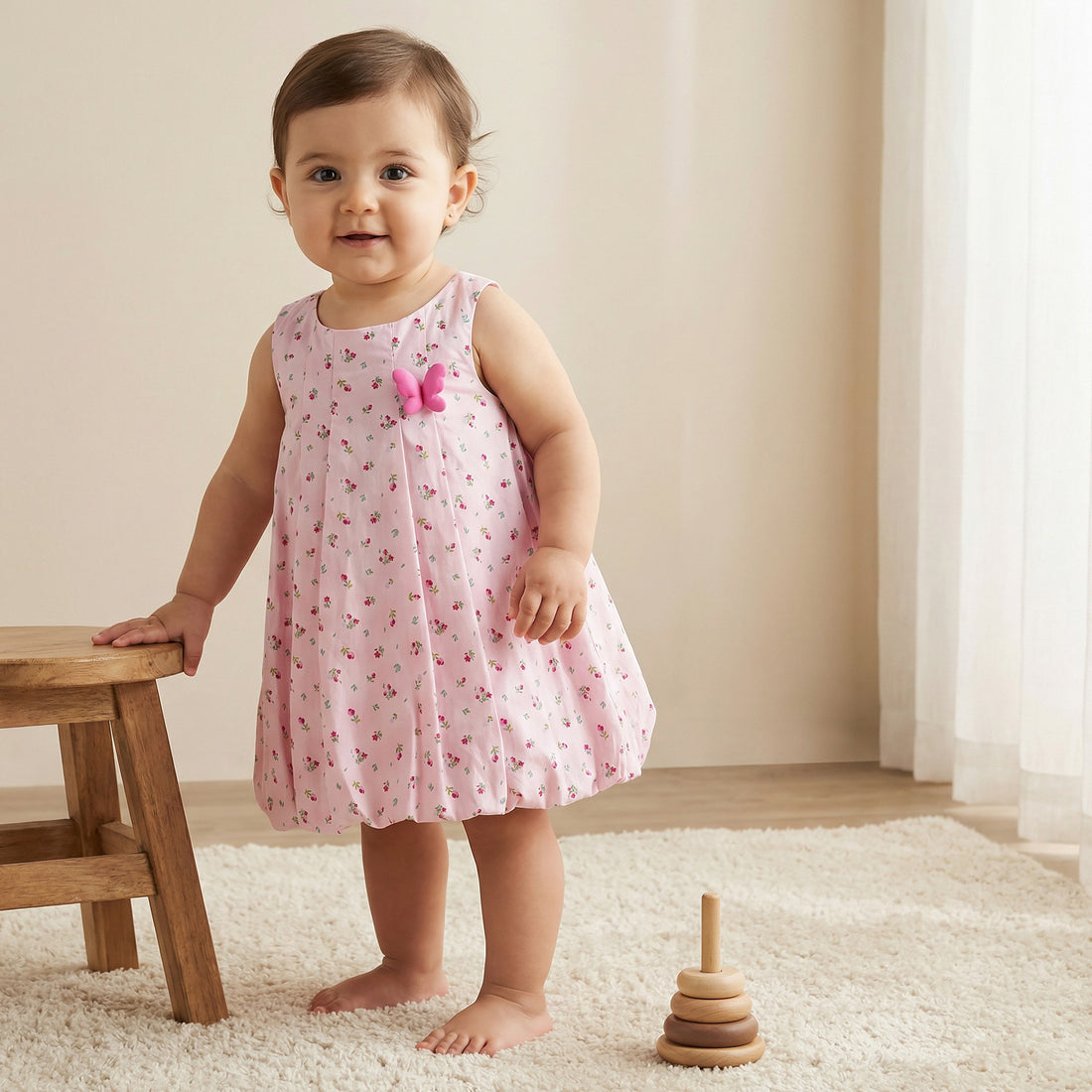 Juniors Round Neck Sleeveless A-line Dress with Floral Print - Pink / 24-36 mths