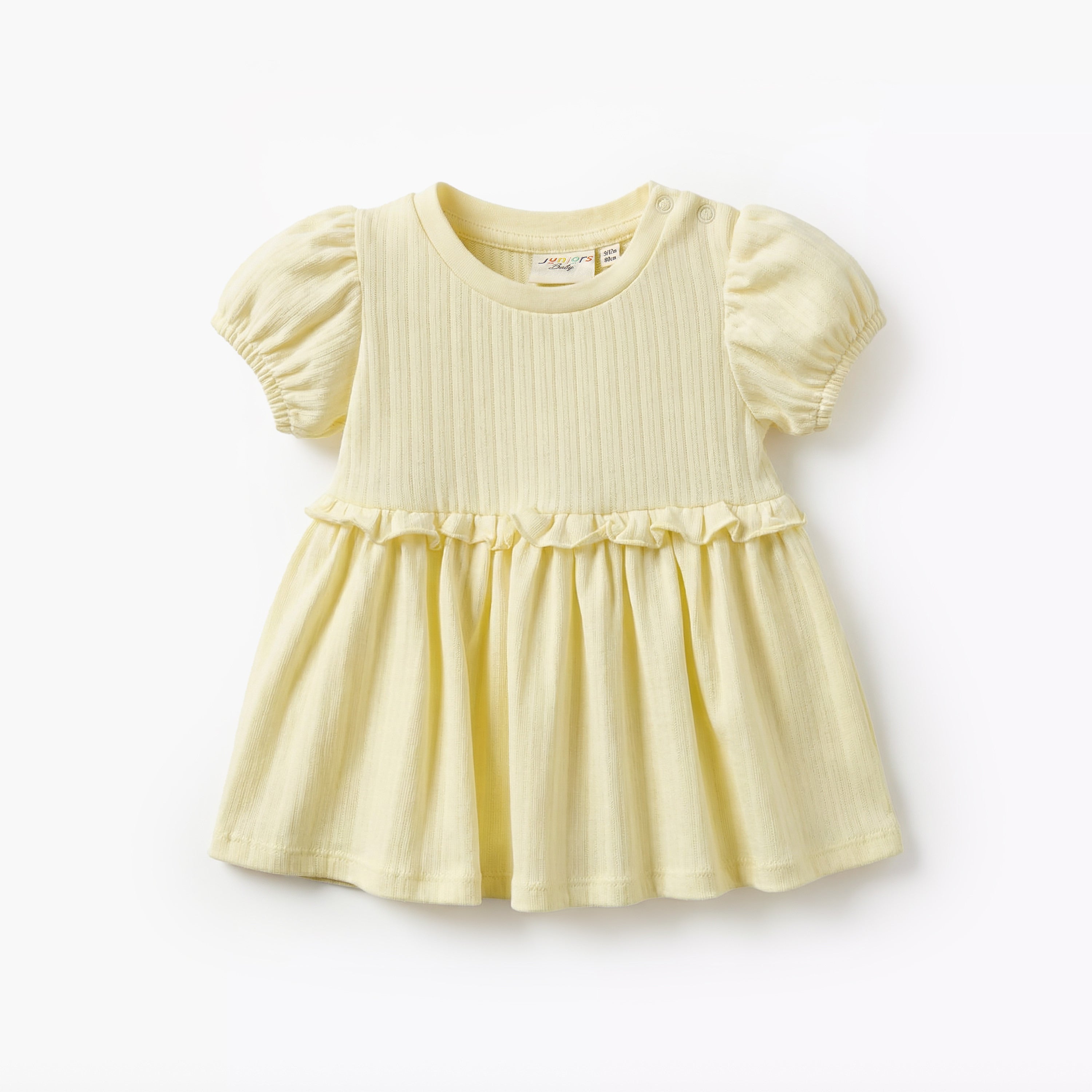 Juniors Round Neck Short Sleeves A-line Dress with Ruffle Detail