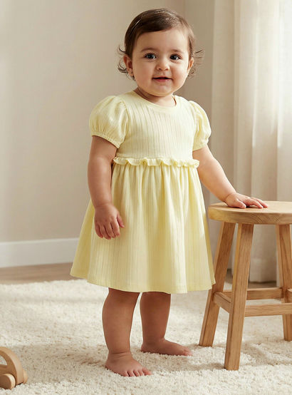 Juniors Round Neck Short Sleeves A-line Dress with Ruffle Detail-baby-girls-clothing-dressesandjumpsuits-image-1
