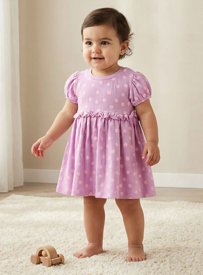 Juniors Round Neck Short Sleeves A-line Dress with Polka Dot Print-baby-girls-clothing-dressesandjumpsuits-image-1
