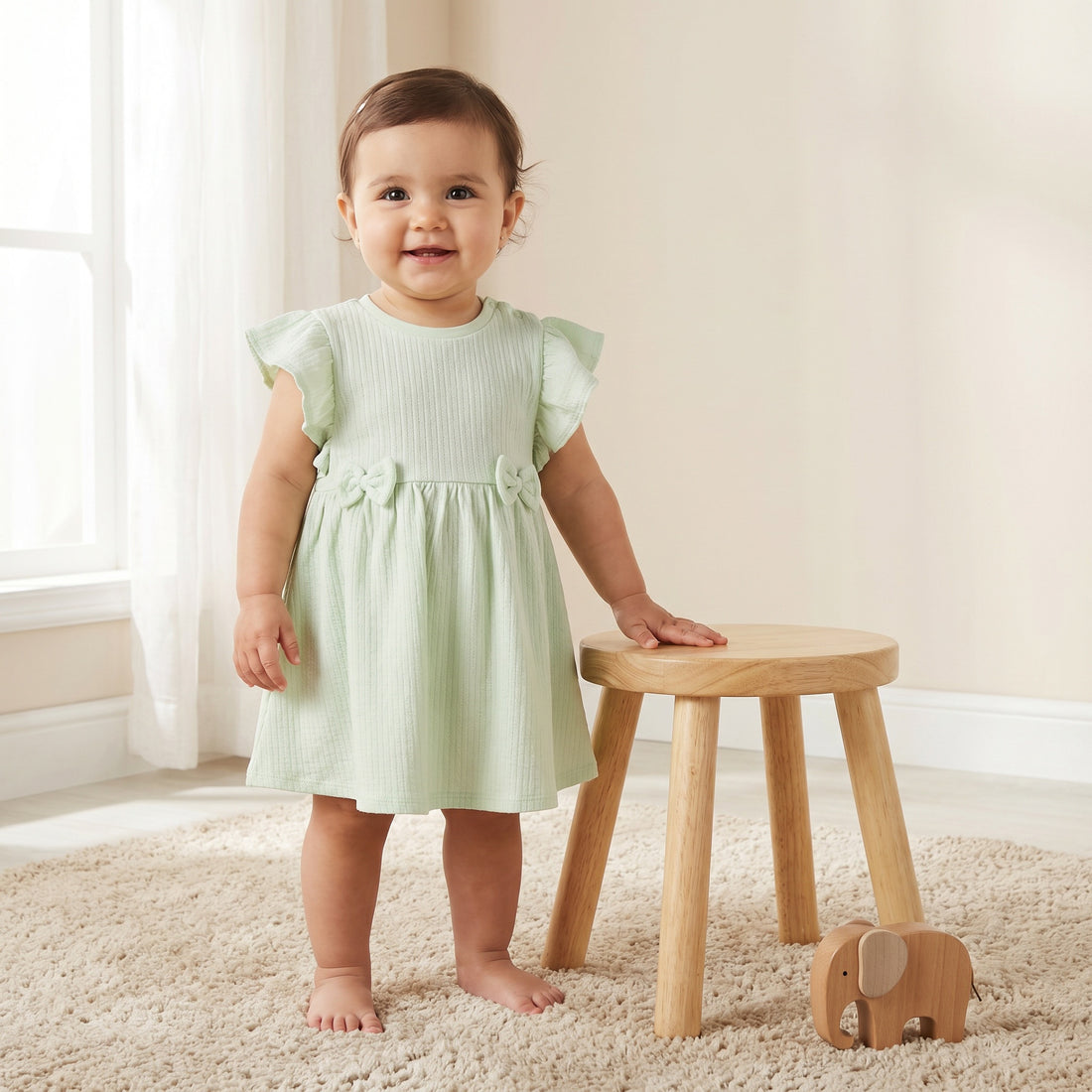 Juniors Round Neck Short Sleeves A-line Dress with Bow Accents - Green / 24-36 mths