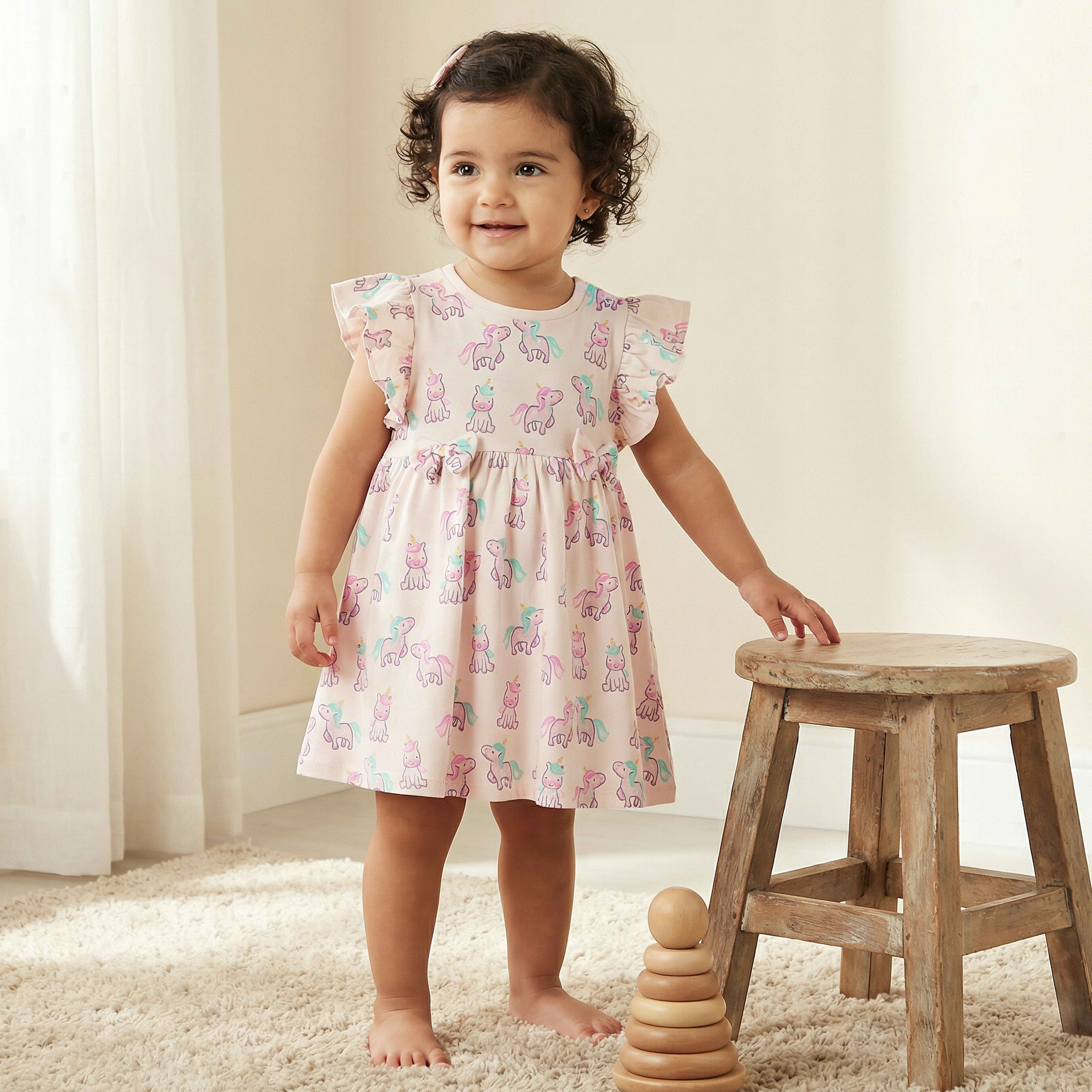 Juniors Round Neck Sleeveless A-line Dress with Unicorn Print - Multicolour / 18-24 mths