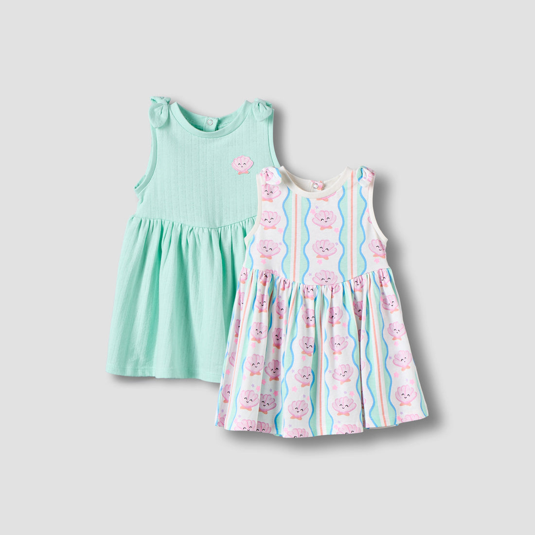 Pack of 2 Juniors Round Neck Sleeveless Knee Length A-line Dress with Shell Print