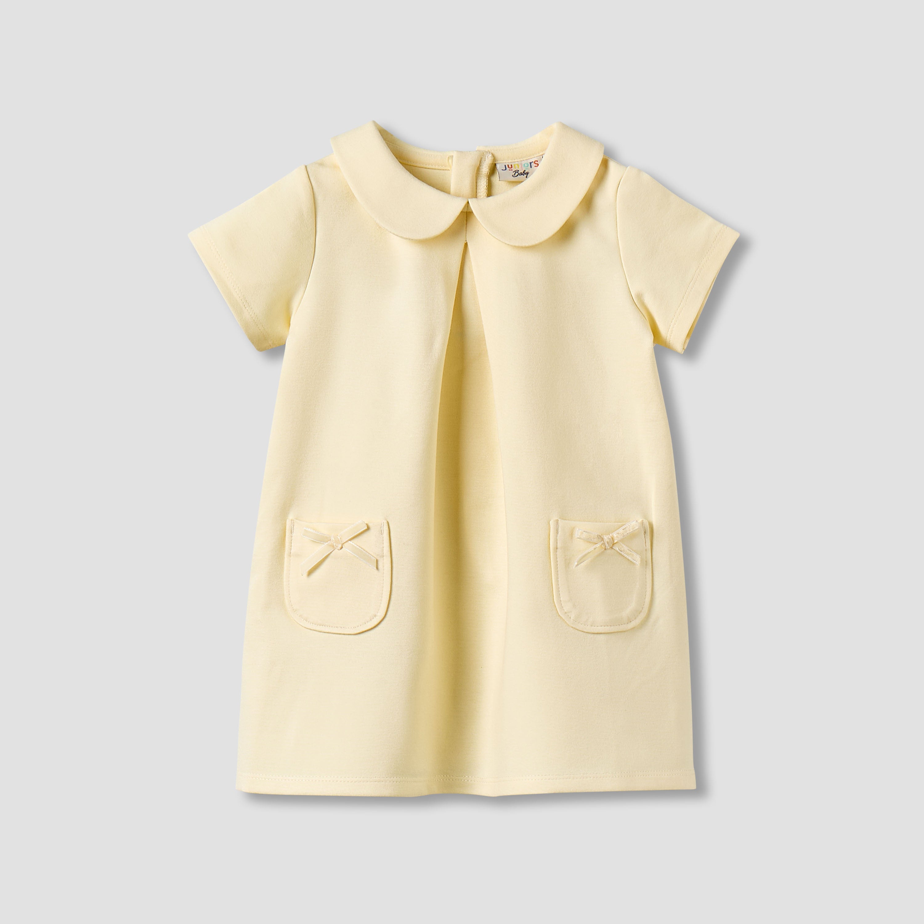 Juniors Peter Pan Collar Short Sleeve Dress with Bow Accent