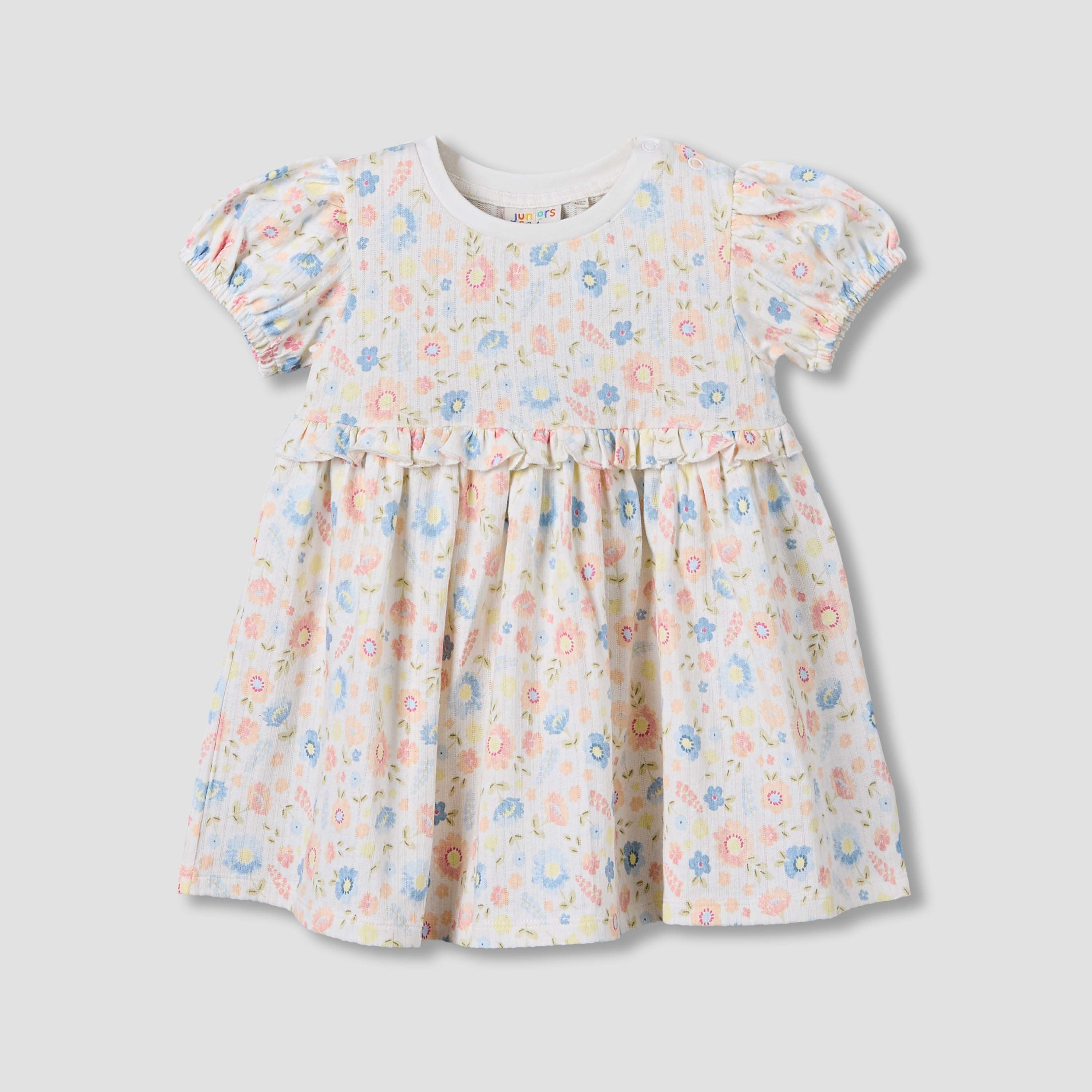 Juniors Round Neck Short Sleeves A-line Dress with Floral Print - White / 12-18 mths