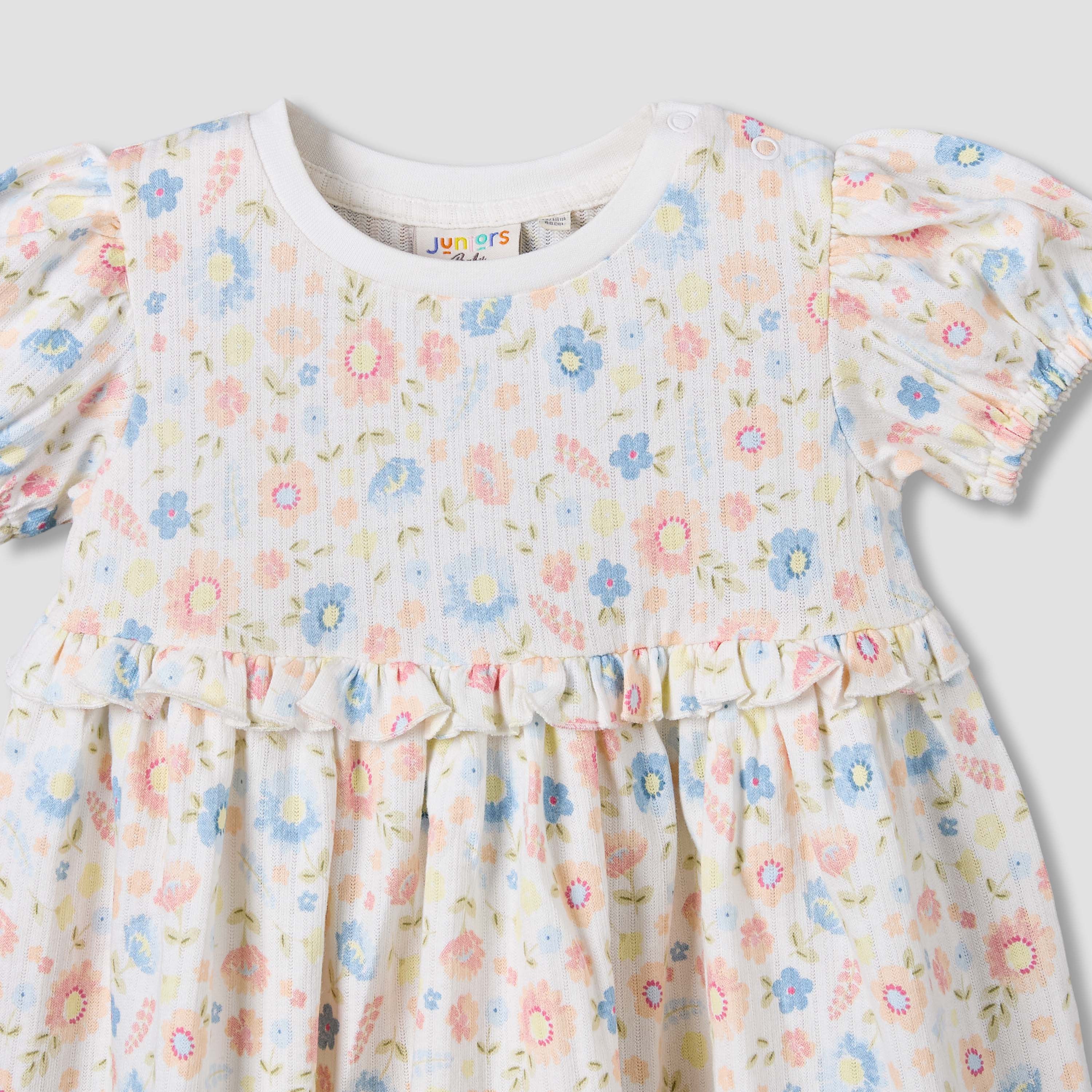 Juniors Round Neck Short Sleeves A-line Dress with Floral Print