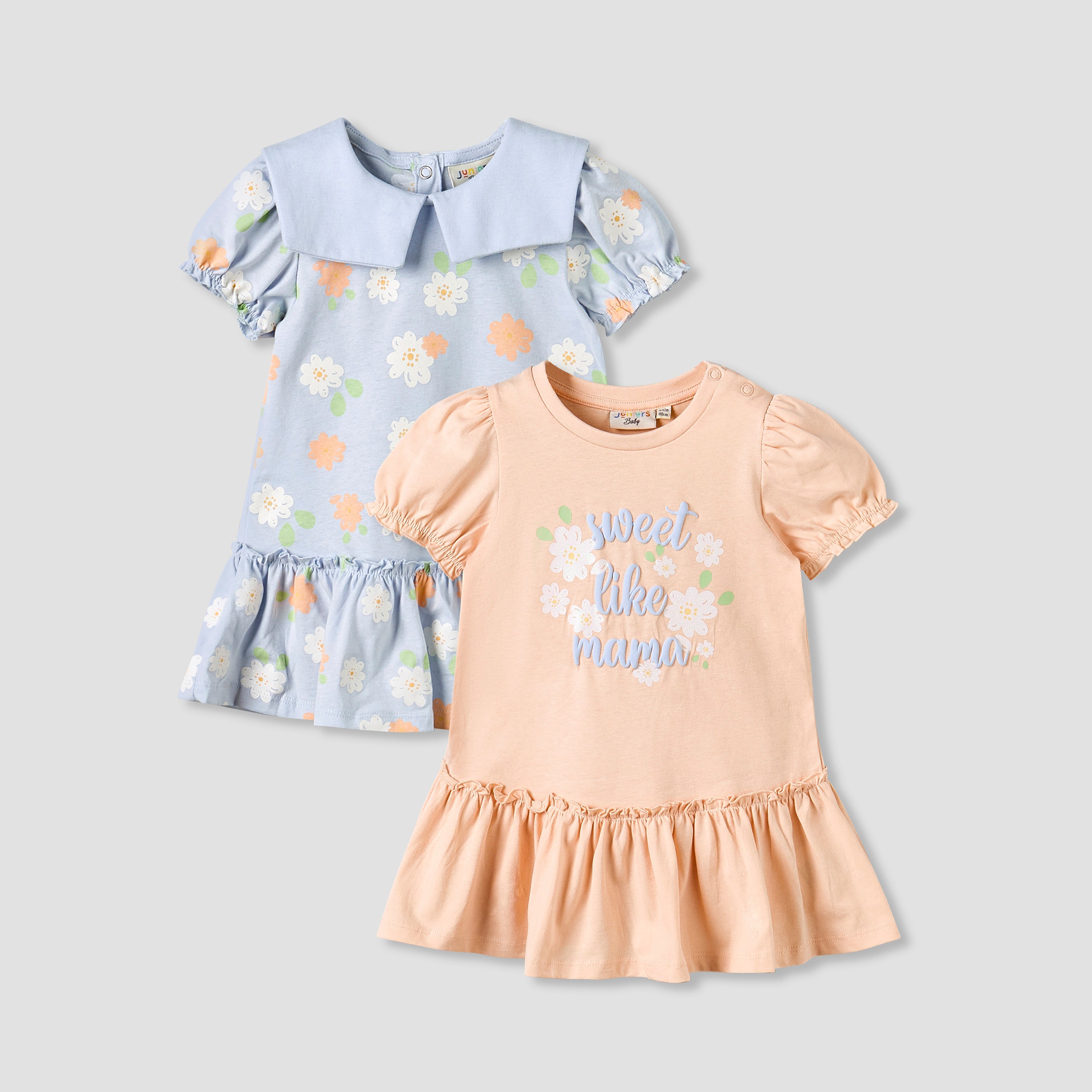 Pack of 2 Round Neck Short Sleeve Knee-Length Dress with Floral Print - Multicolour / 12-18 mths