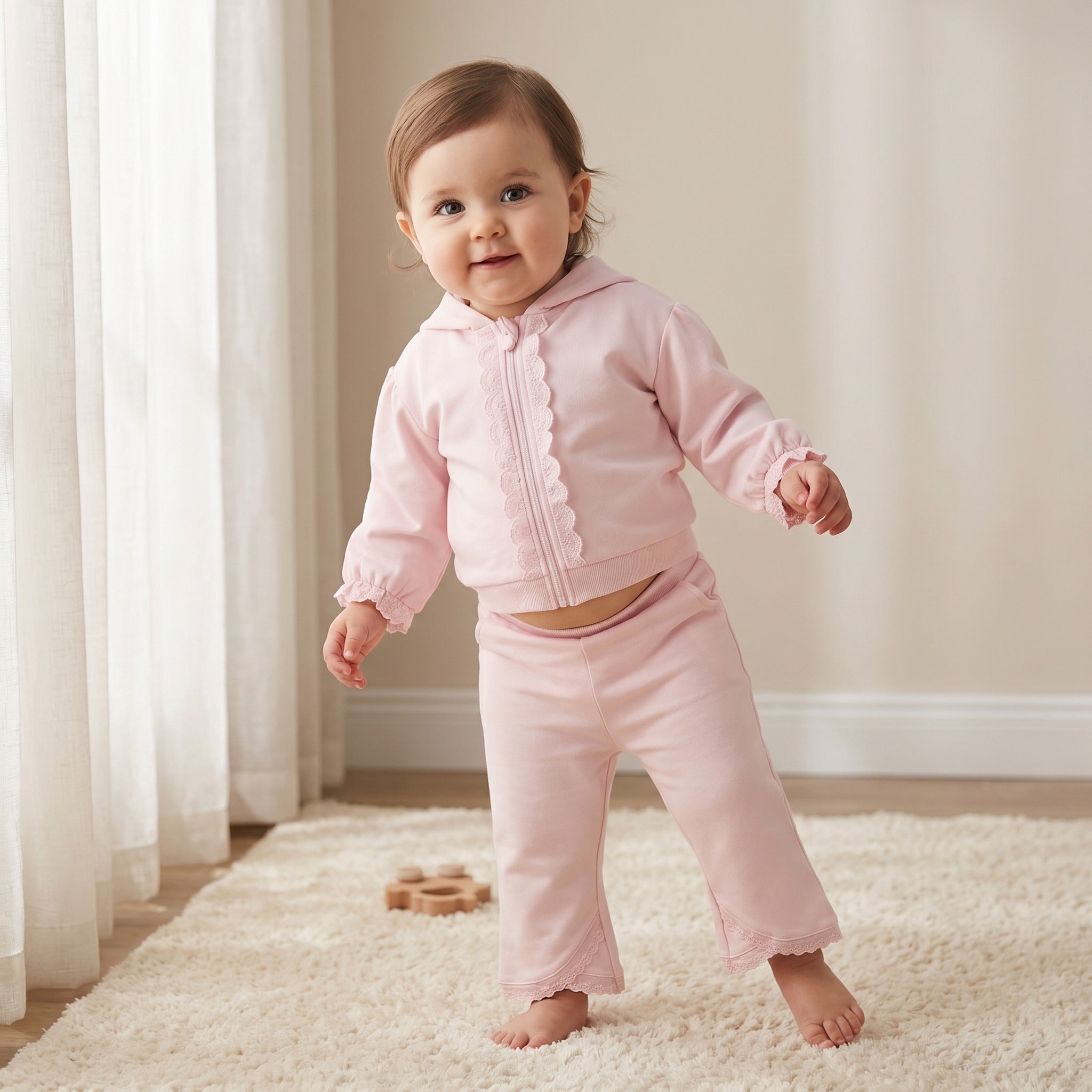 Juniors Hooded Long Sleeves Sweatshirt and Pants Set with Lace Detail - Pink / 12-18 mths