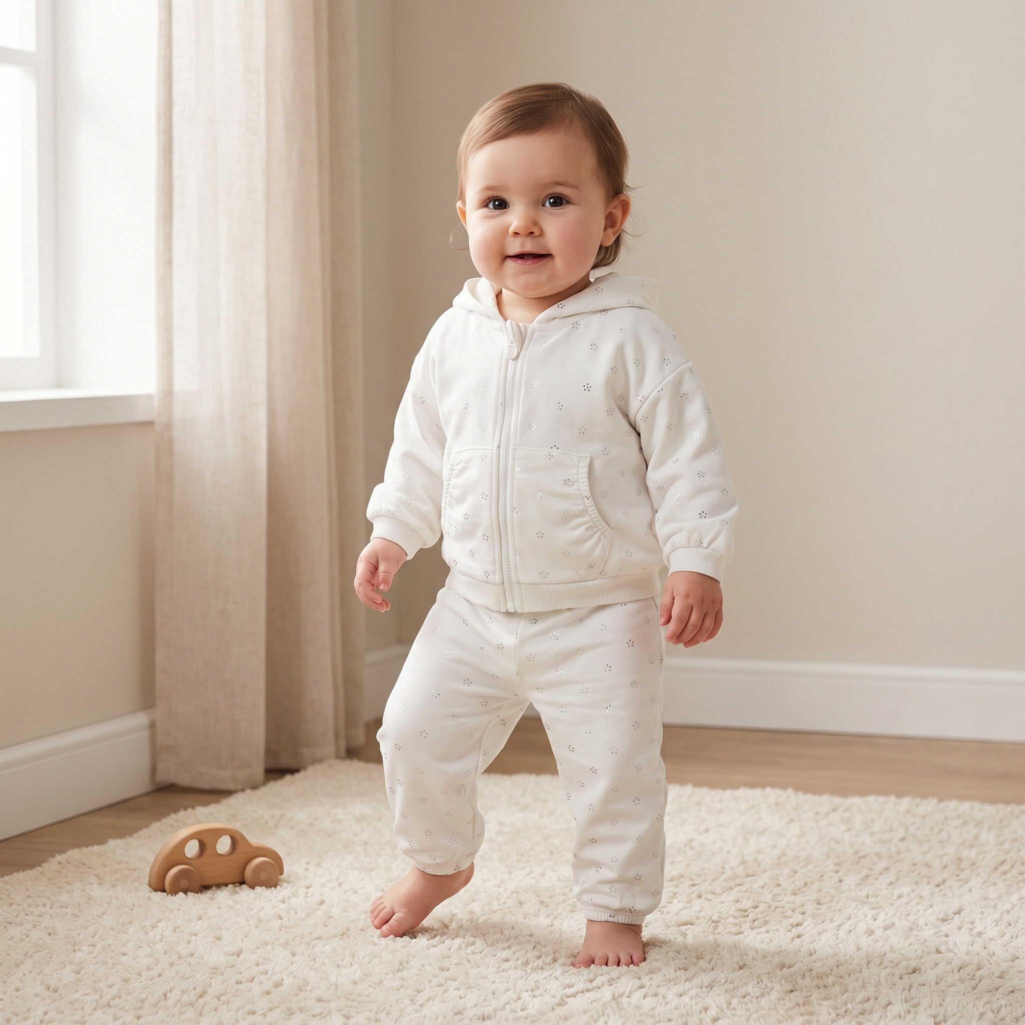 Juniors Hooded Long Sleeve Jacket and Joggers Set with Glitter Print - White / 12-18 mths