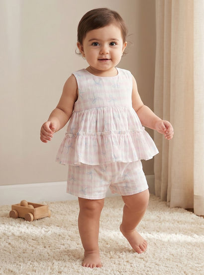 Juniors Round Neck Sleeveless Top and Shorts Set with Bow Print-baby-girls-clothing-setsandcoords-image-1