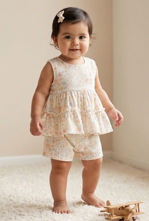 Juniors Round Neck Sleeveless Top and Shorts Set with Floral Print