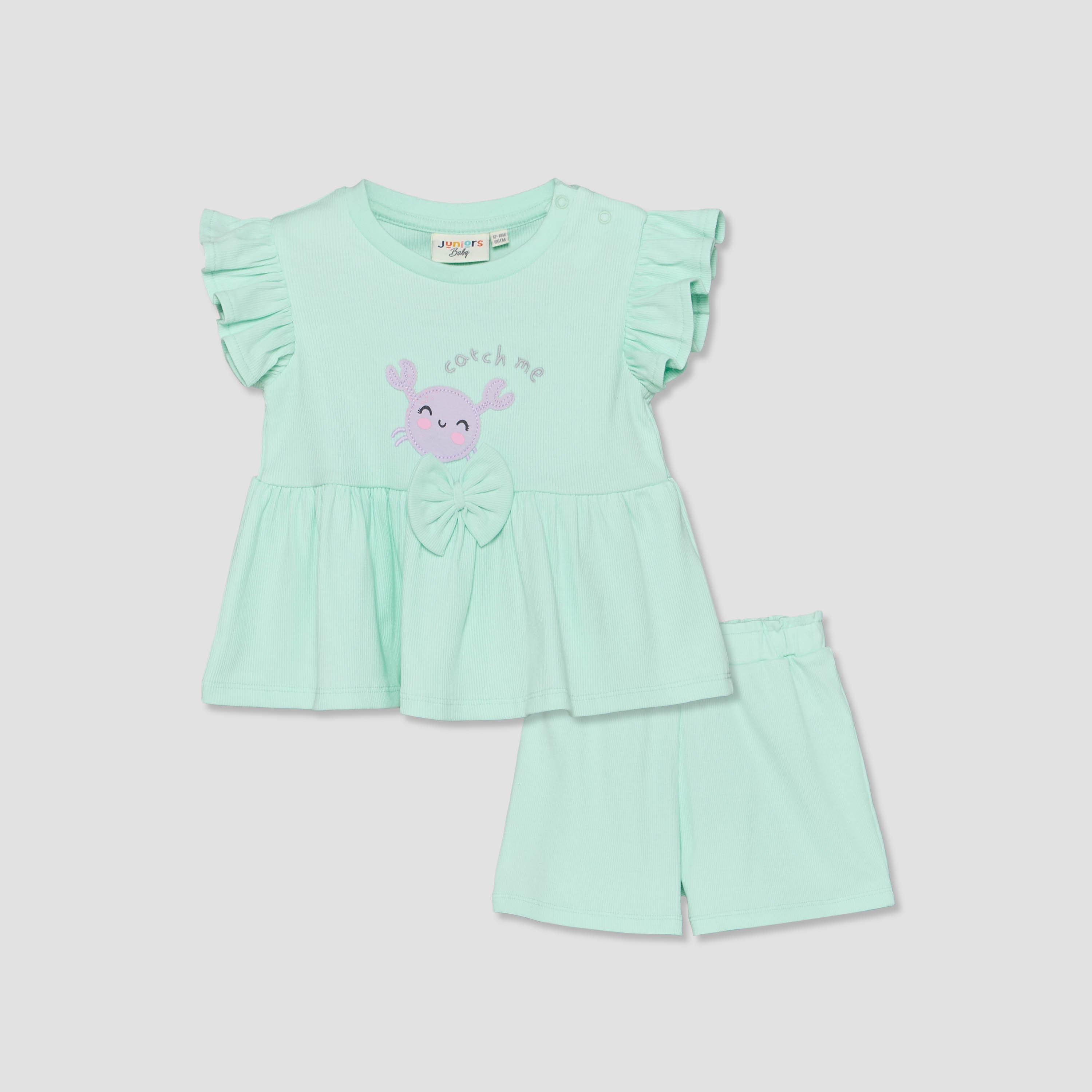Juniors Crew Neck Short Sleeves Top and Shorts Set with Crab Applique
