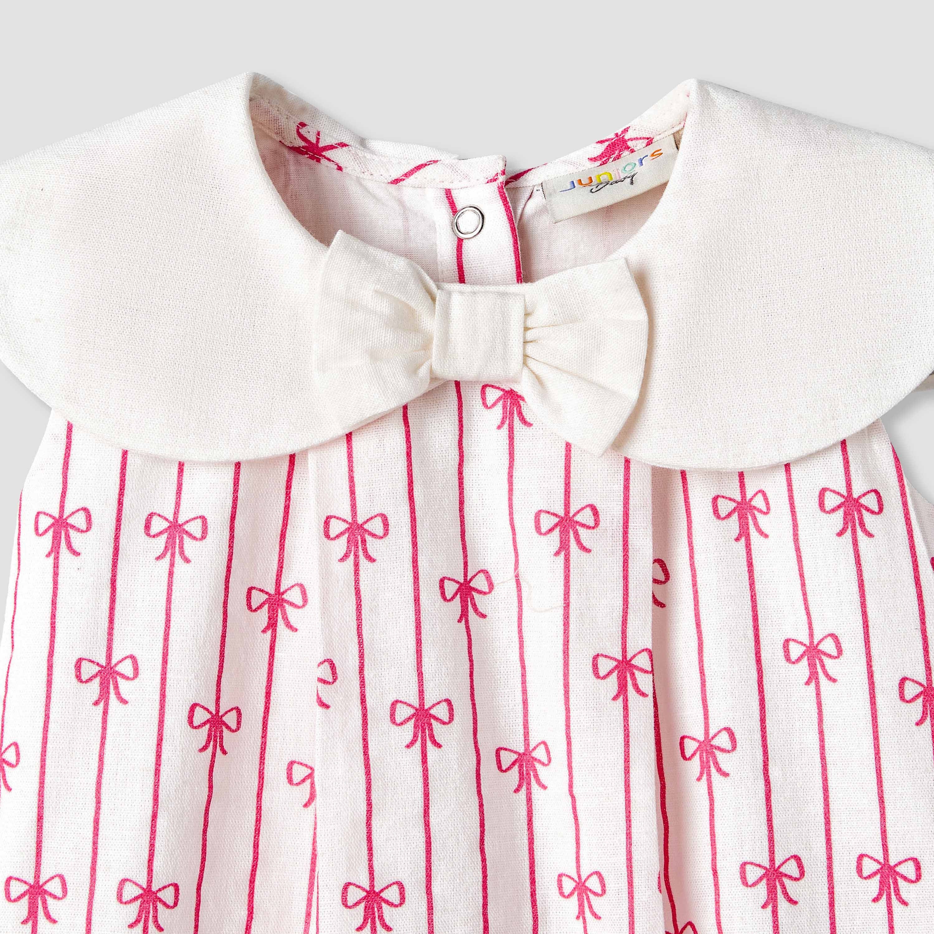 Juniors Peter Pan Collar Sleeveless Romper with Bow Print