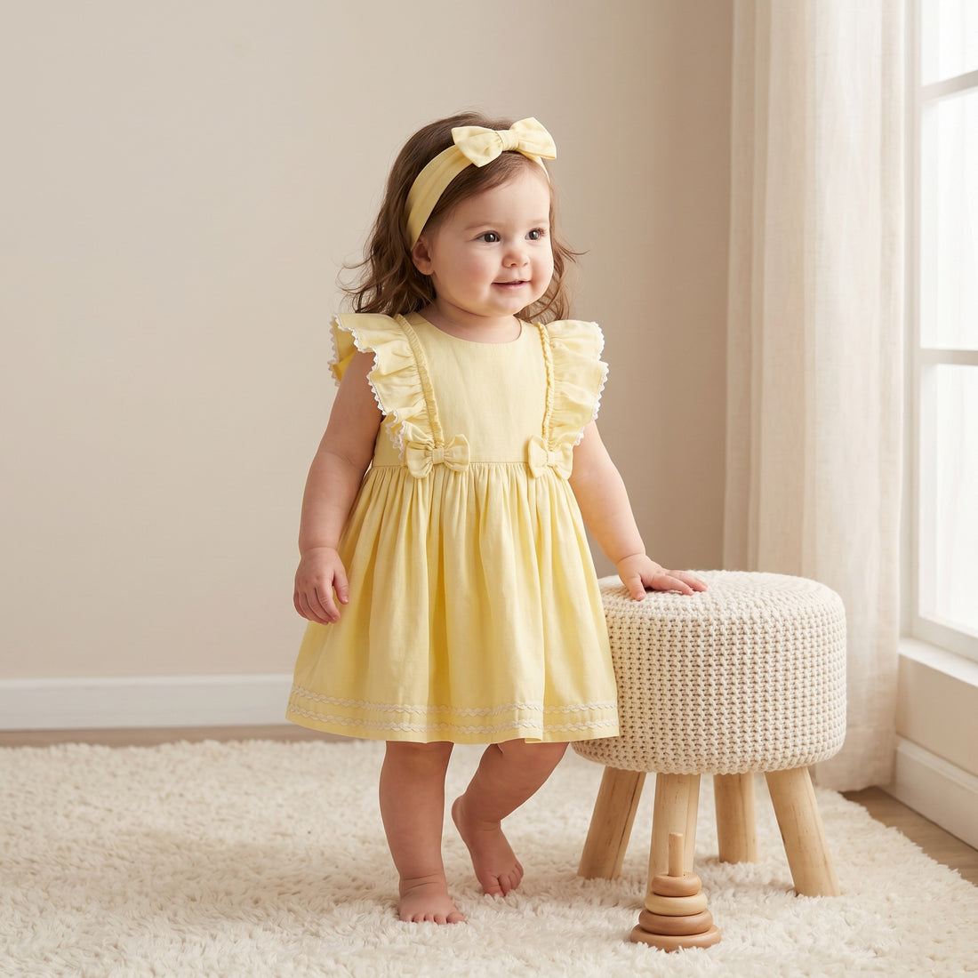 Juniors Round Neck Short Sleeves Knee Length A-line Dress with Headband - Yellow / 24-36 mths