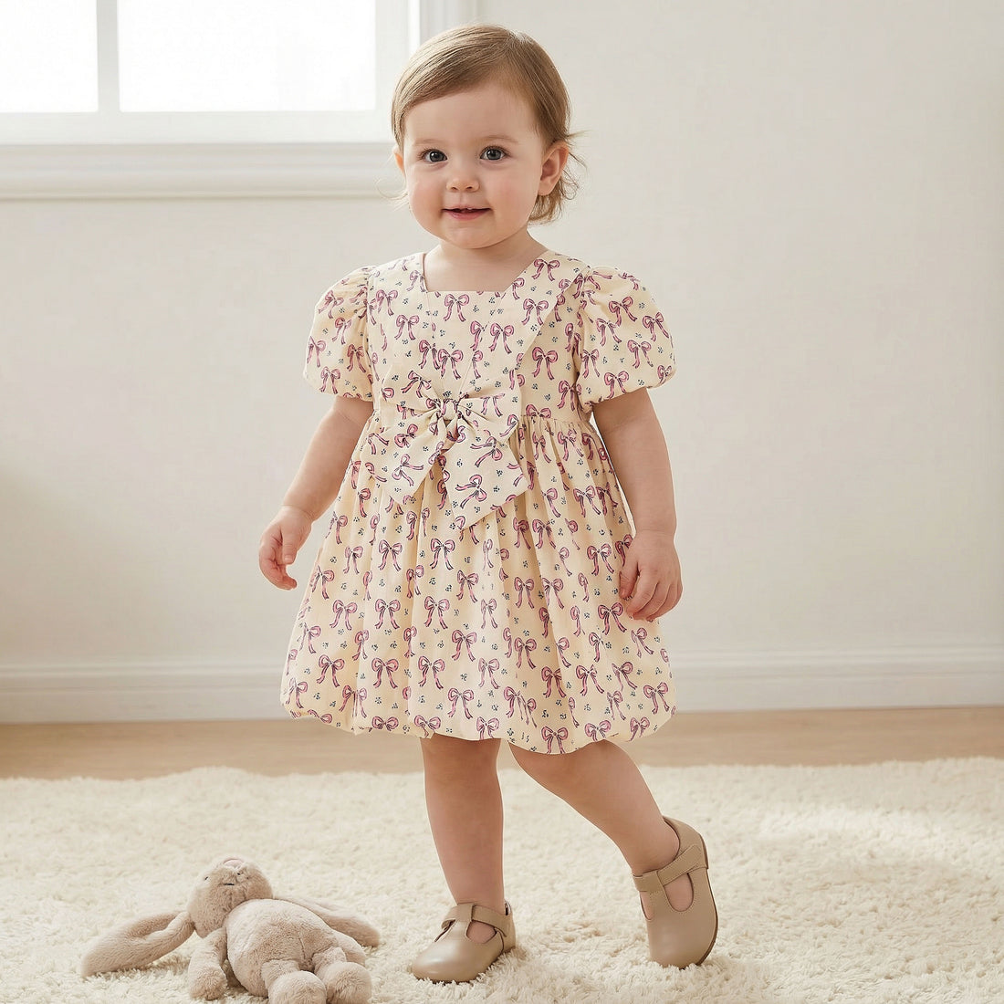 Juniors Square Neck Short Sleeves Prom Dress with Bow Print - Cream / 18-24 mths
