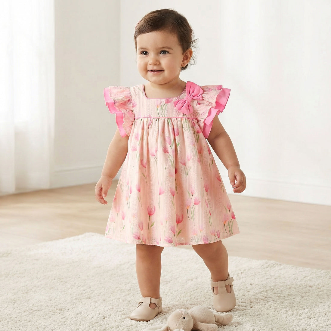 Juniors Square Neck Short Sleeves Dress with Floral Print - Pink / 18-24 mths