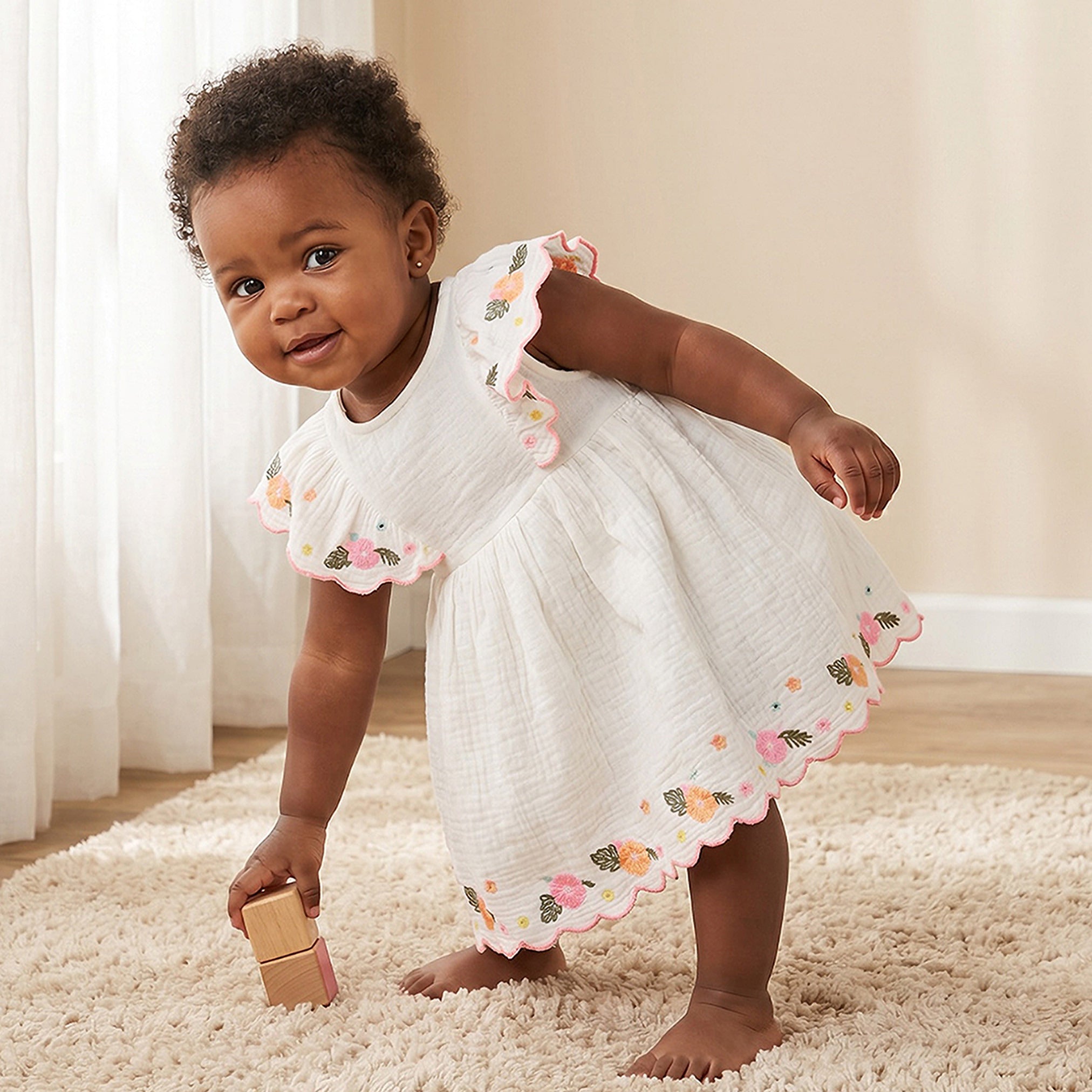 Juniors Round Neck Sleeveless Knee Length Dress with Bloomers - Cream / 12-18 mths