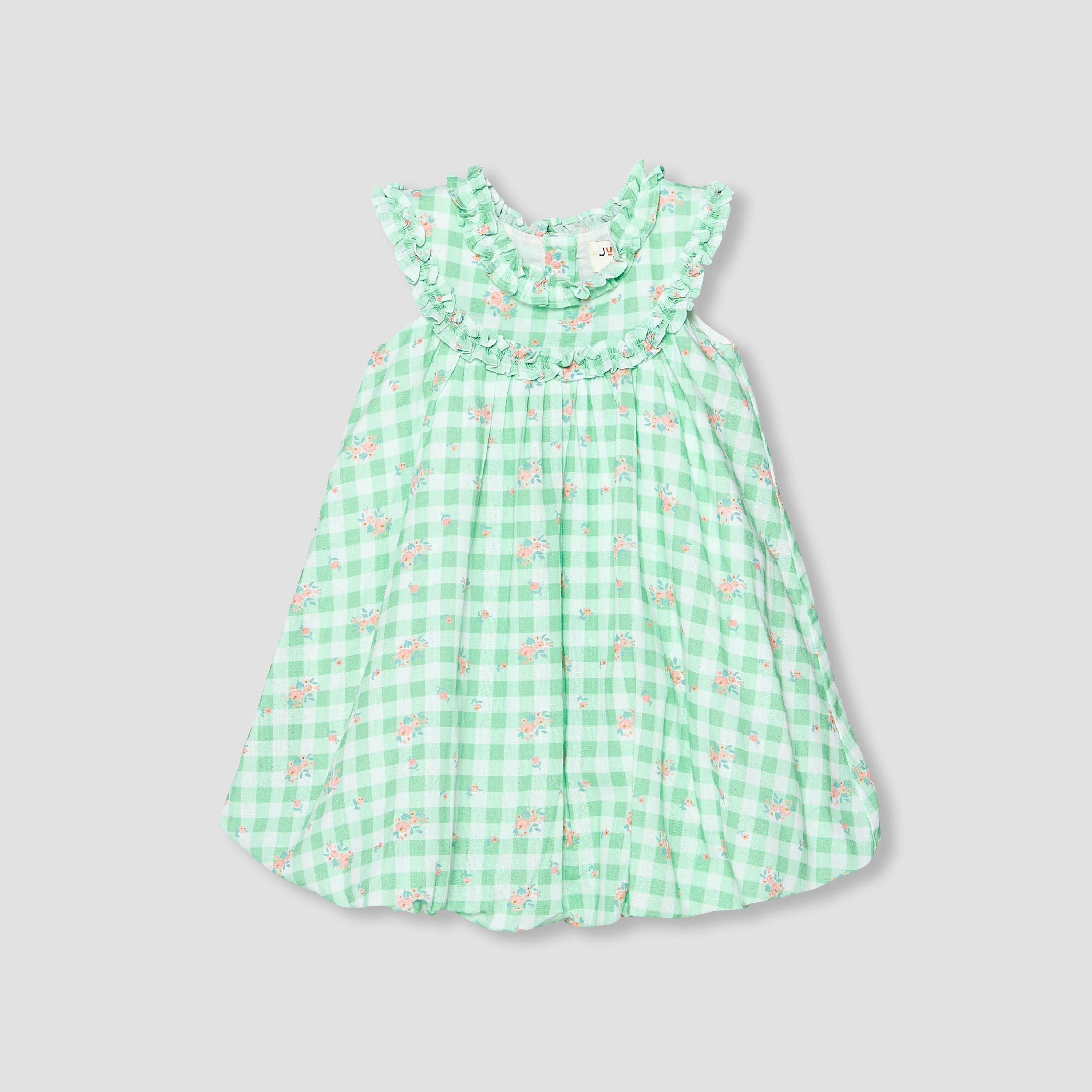 Juniors Round Neck Sleeveless A-line Dress with Checked and Floral Print