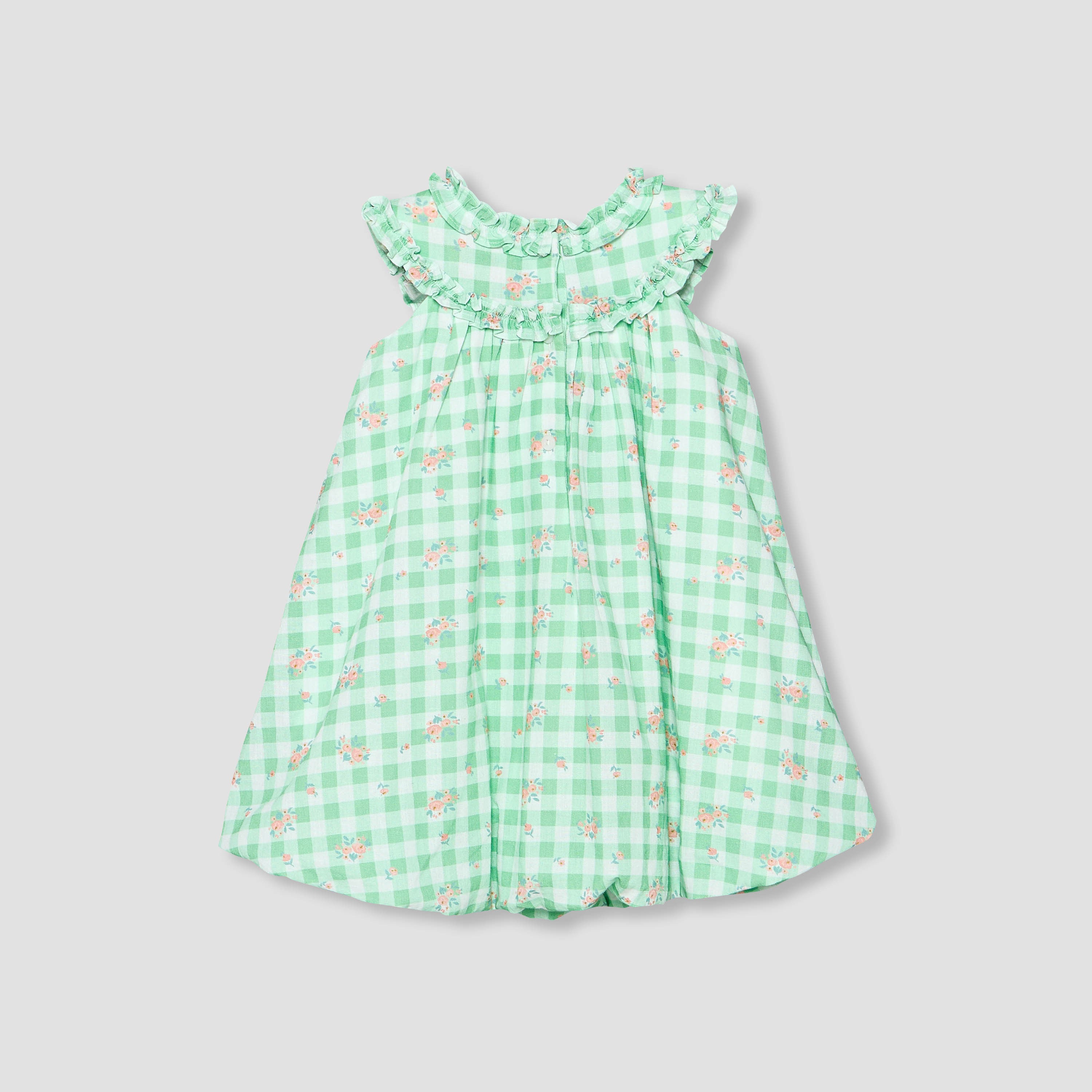 Juniors Round Neck Sleeveless A-line Dress with Checked and Floral Print