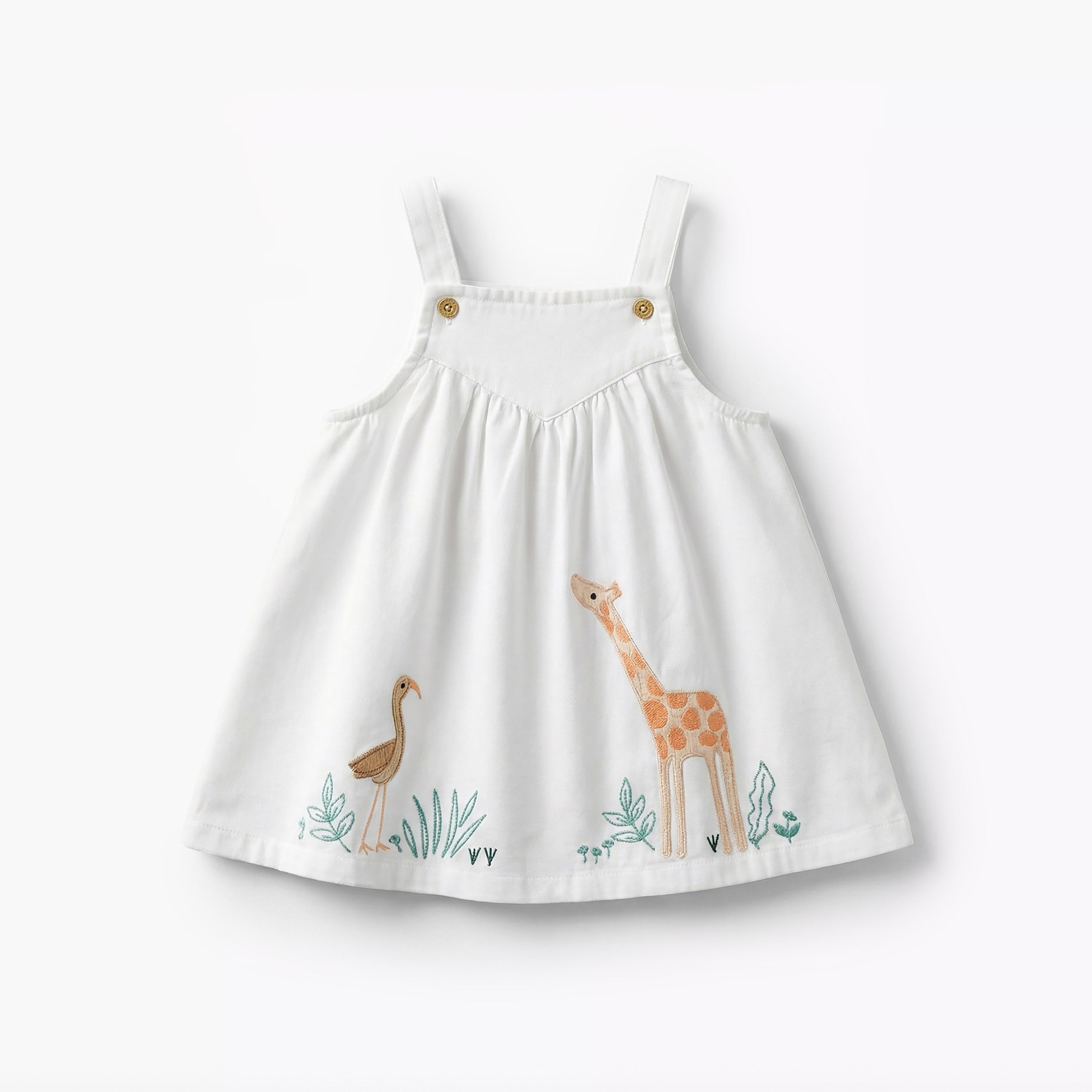Juniors Round Neck Short Sleeves T-Shirt and Pinafore with Safari Embroidery