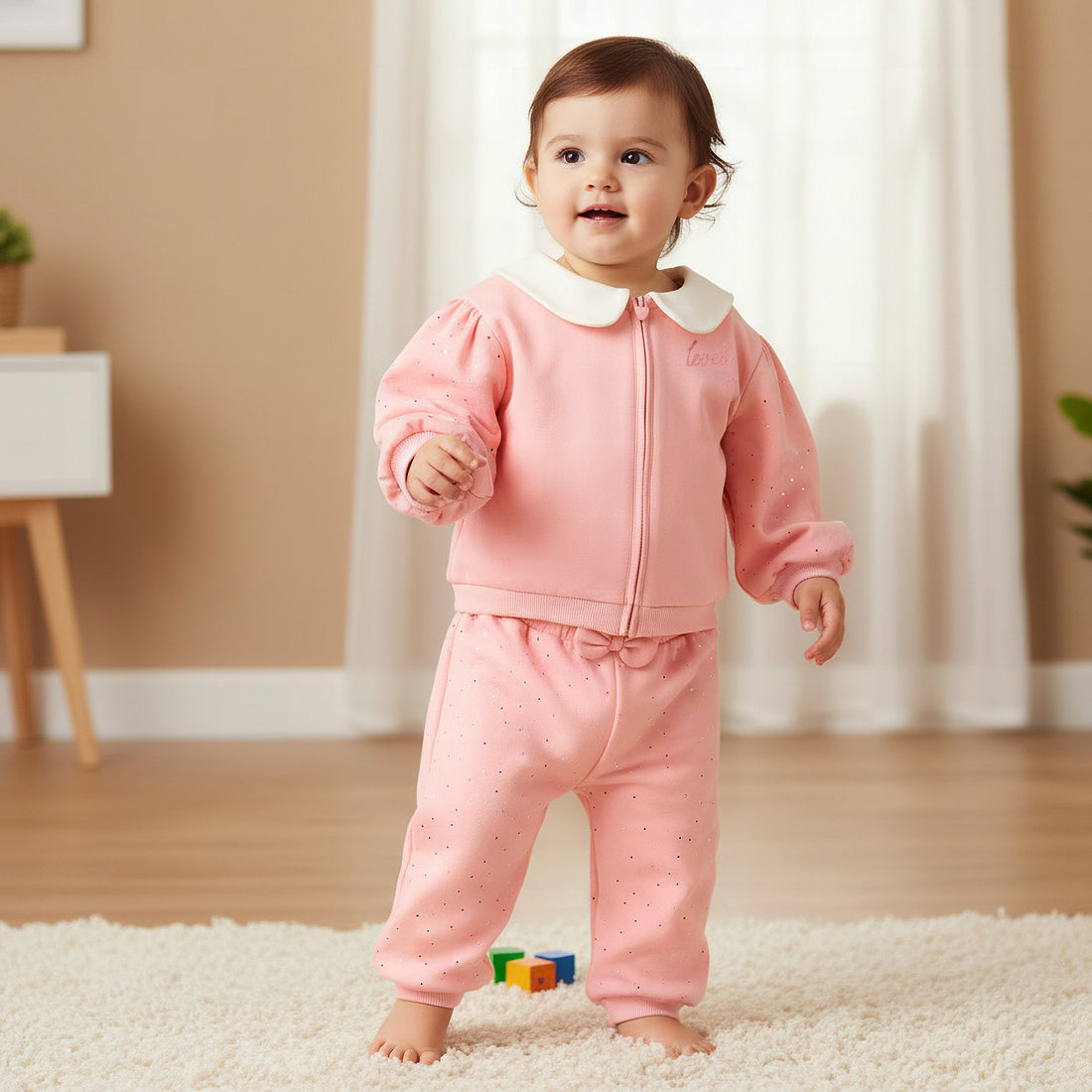 Juniors Peter Pan Collar Long Sleeves Jacket and Joggers Set with Zip Closure - Pink / 12-18 mths