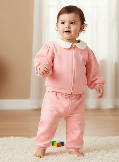 Juniors Peter Pan Collar Long Sleeves Jacket and Joggers Set with Zip Closure-baby-girls-clothing-setsandcoords-image-1